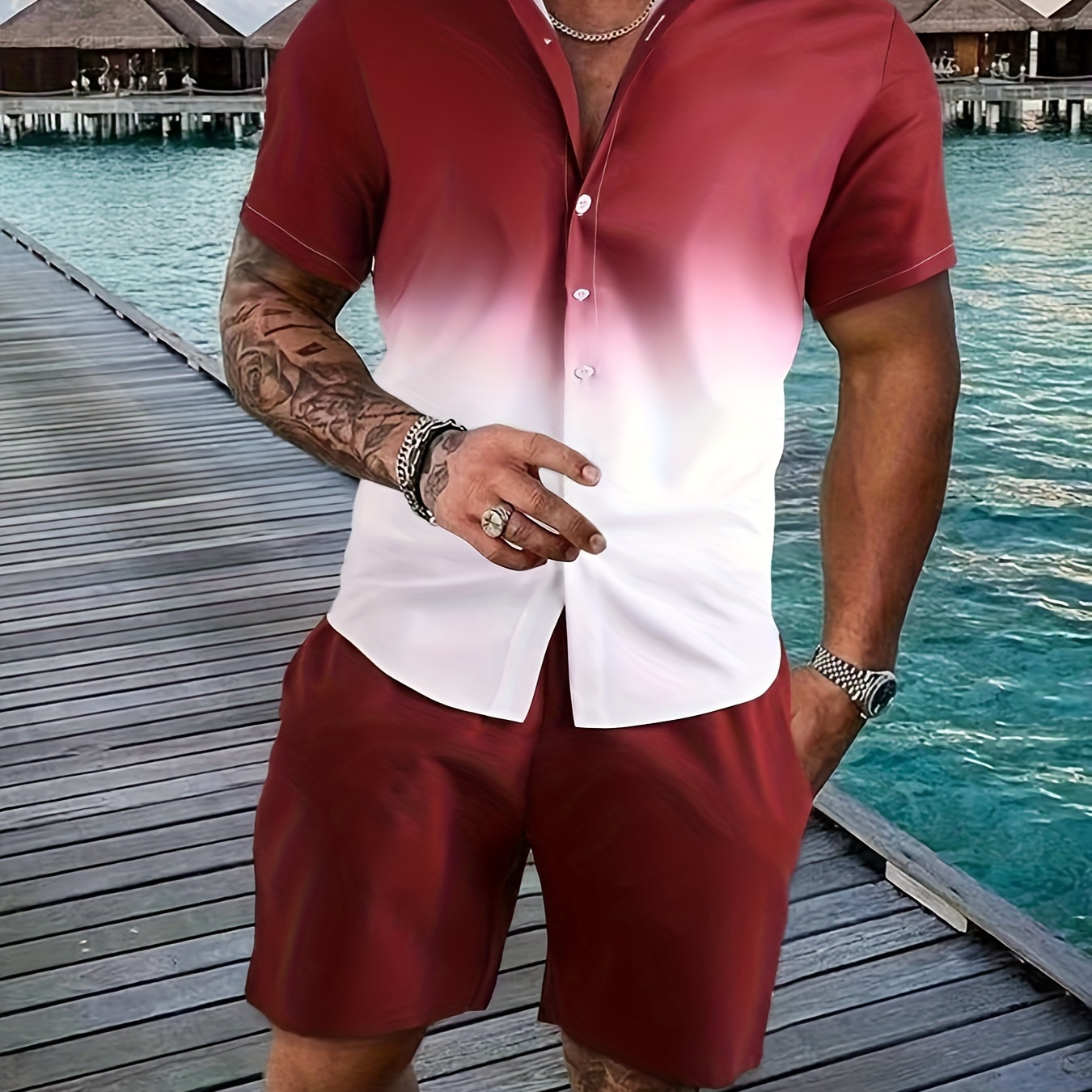 

Men's Casual 2pcs Set, Gradient Color Short Sleeve Shirt + Active Shorts For Summer Co Ord Set
