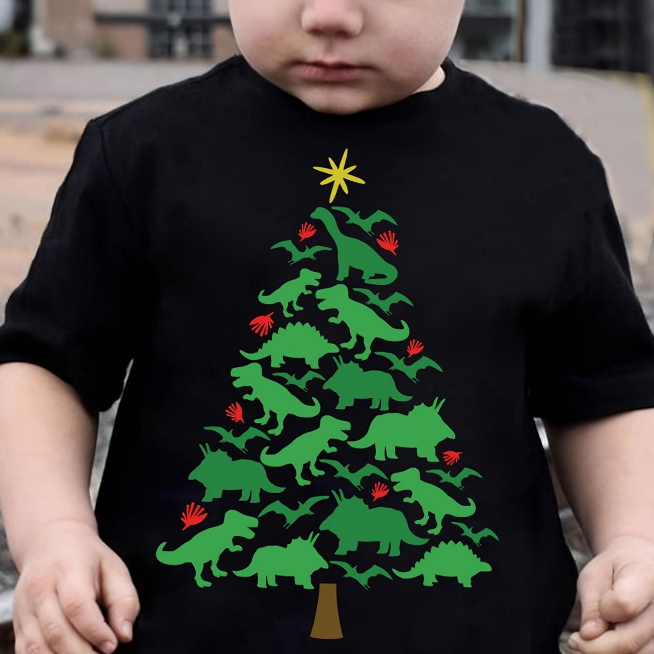 

Dinosaur Christmas Tree Graphic T-shirt For Kids - Casual Summer Short Sleeve Top With Round Neck, Polyester Knit Fabric, Festive Holiday Design, Unisex Children's Apparel