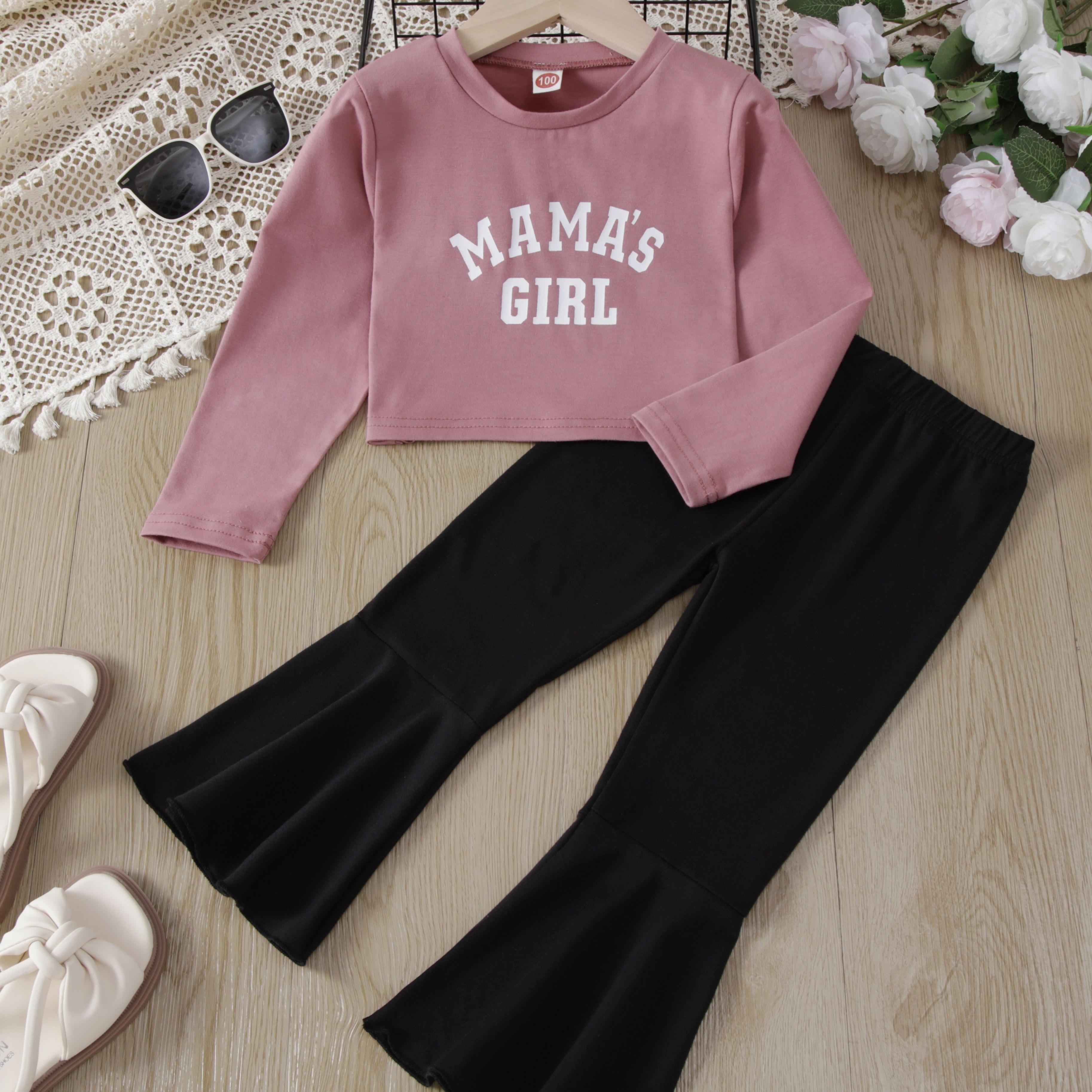 

Girl's Trendy Outfit 2pcs, Mama's Girl Print Long Sleeve Top & Flared Pants Set, Kid's Clothes For Spring Fall