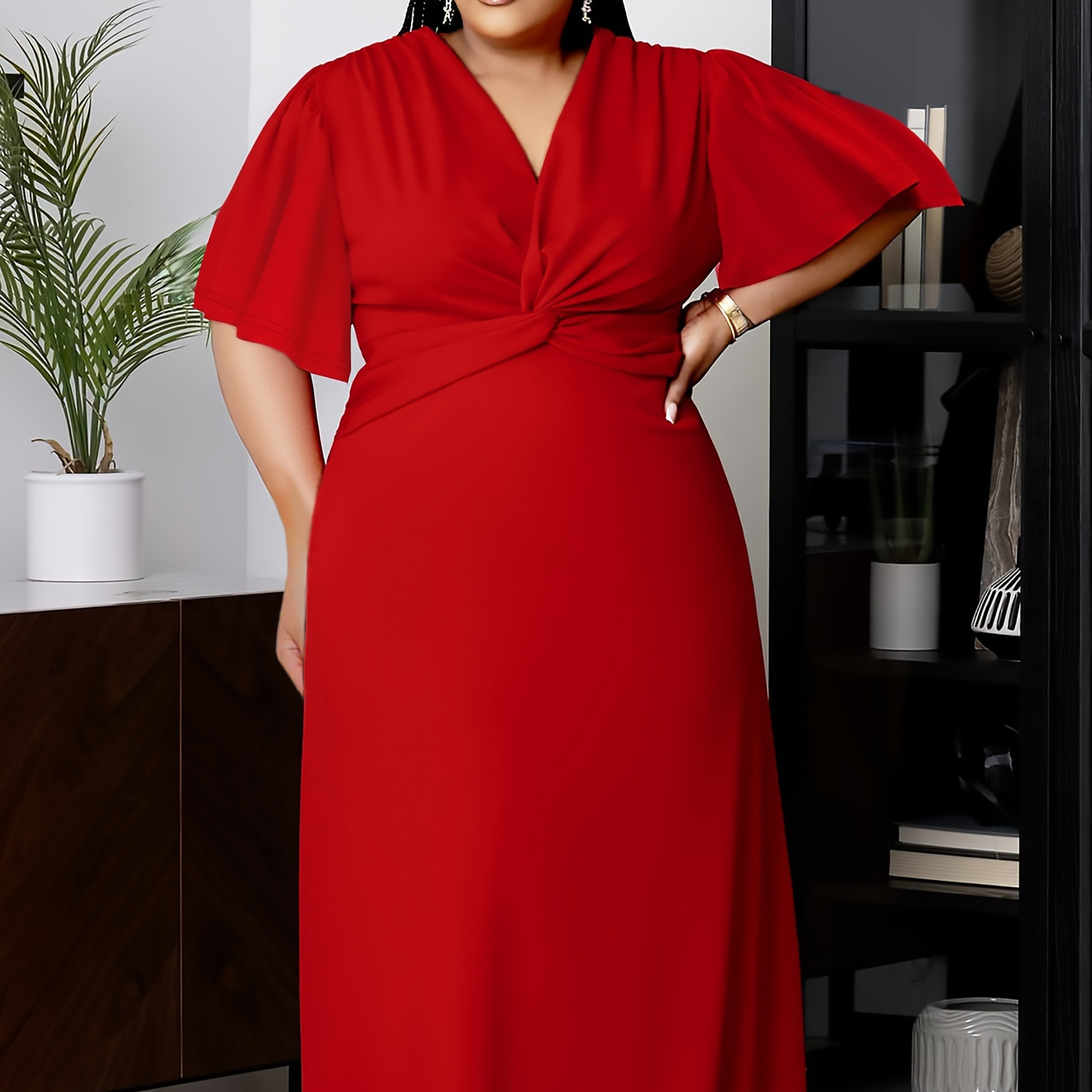 

Plus Size Twist Front Solid Maxi Dress, Casual Short Sleeve Dress For Spring & Summer, Women's Plus Size Clothing