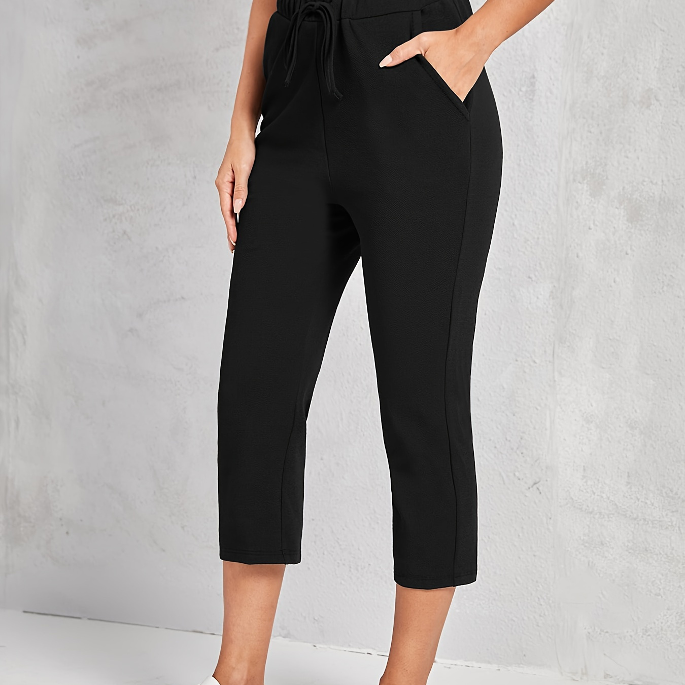 

Solid Color Slant Pockets Cropped Pants, Casual & Versatile High Waist Pants For Spring & Summer, Women's Clothing