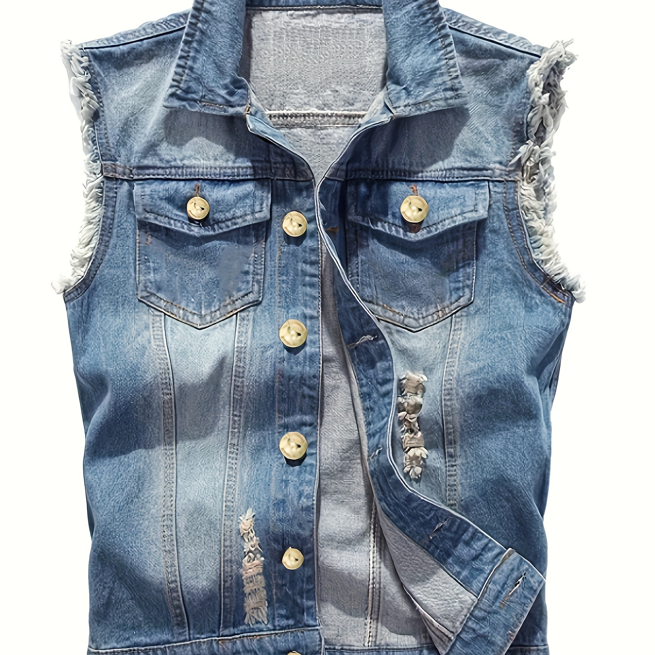 

Men's Casual Button Up Lapel Collar Denim Vest Jacket With Breasted Pockets And Frayed And Distressed Pieces, Trendy And Stylish Tops For Summer Street Wear