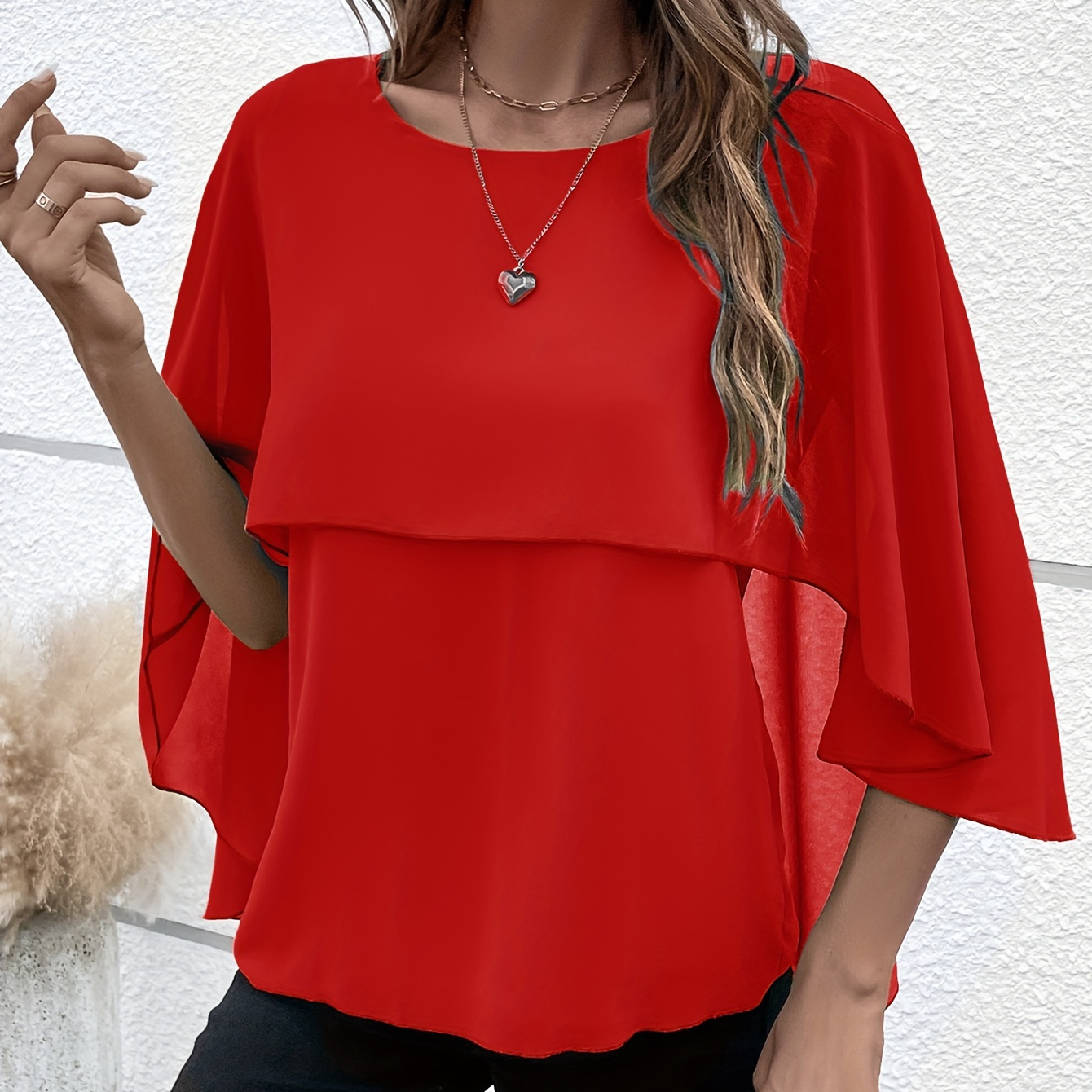 

Solid Crew Neck Layered Blouse, Elegant Cape Sleeve Blouse For Spring & Fall, Women's Clothing