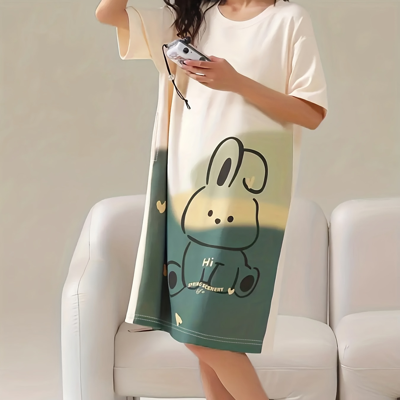 

Bunny Print Lounge Dresses, Soft & Comfy Cute Short Sleeve Home Dress, Women's Loungewear & Dresses