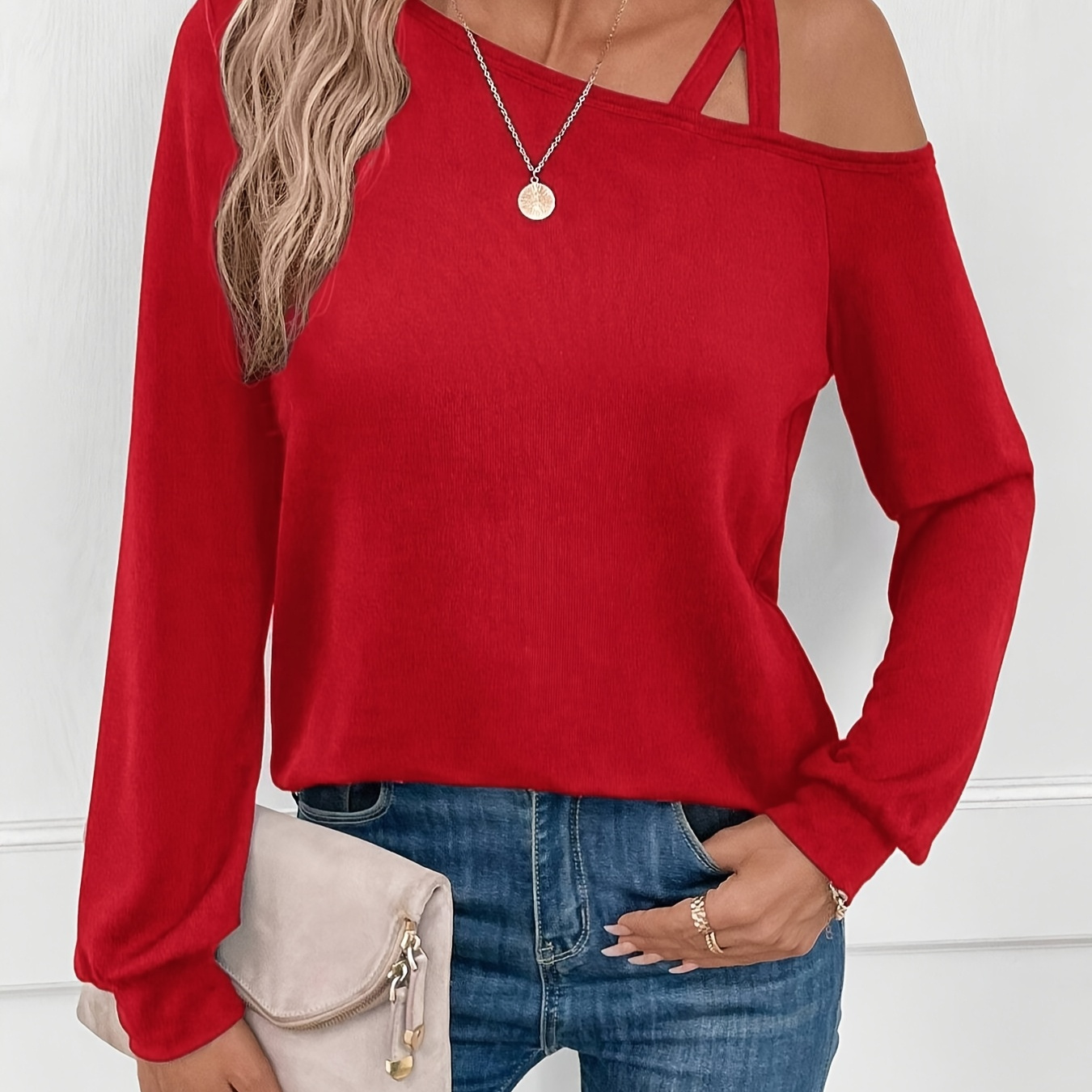 

Women's Elegant Asymmetrical Neck Solid Color T-shirt, Dacron And Spandex , Knit Fabric, Regular Length, With Strapless Detail, For Spring/fall Casual Off-the-shoulder Top