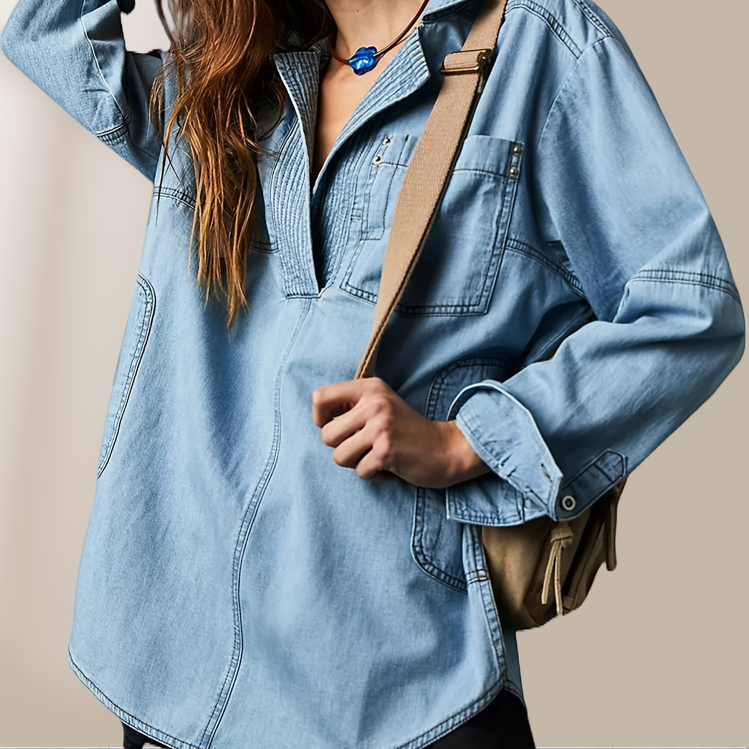 

Women's Denim Pullover Casual Button V Neck Blouse Loose Fit Long Sleeve Jean Jacket With Pocket