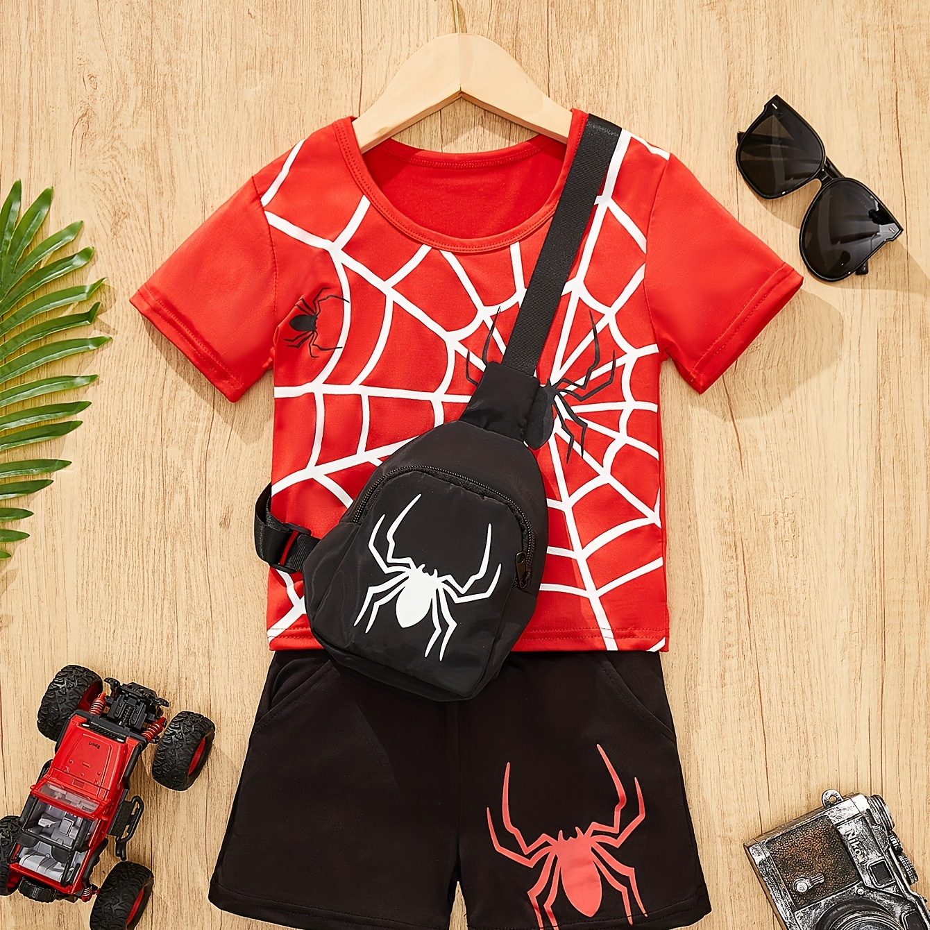 

Boy's 3-piece Casual Co Ord Set, Spider Web Print Short Sleeve T-shirt, Bag And Shorts, Suitable For Summer Daily