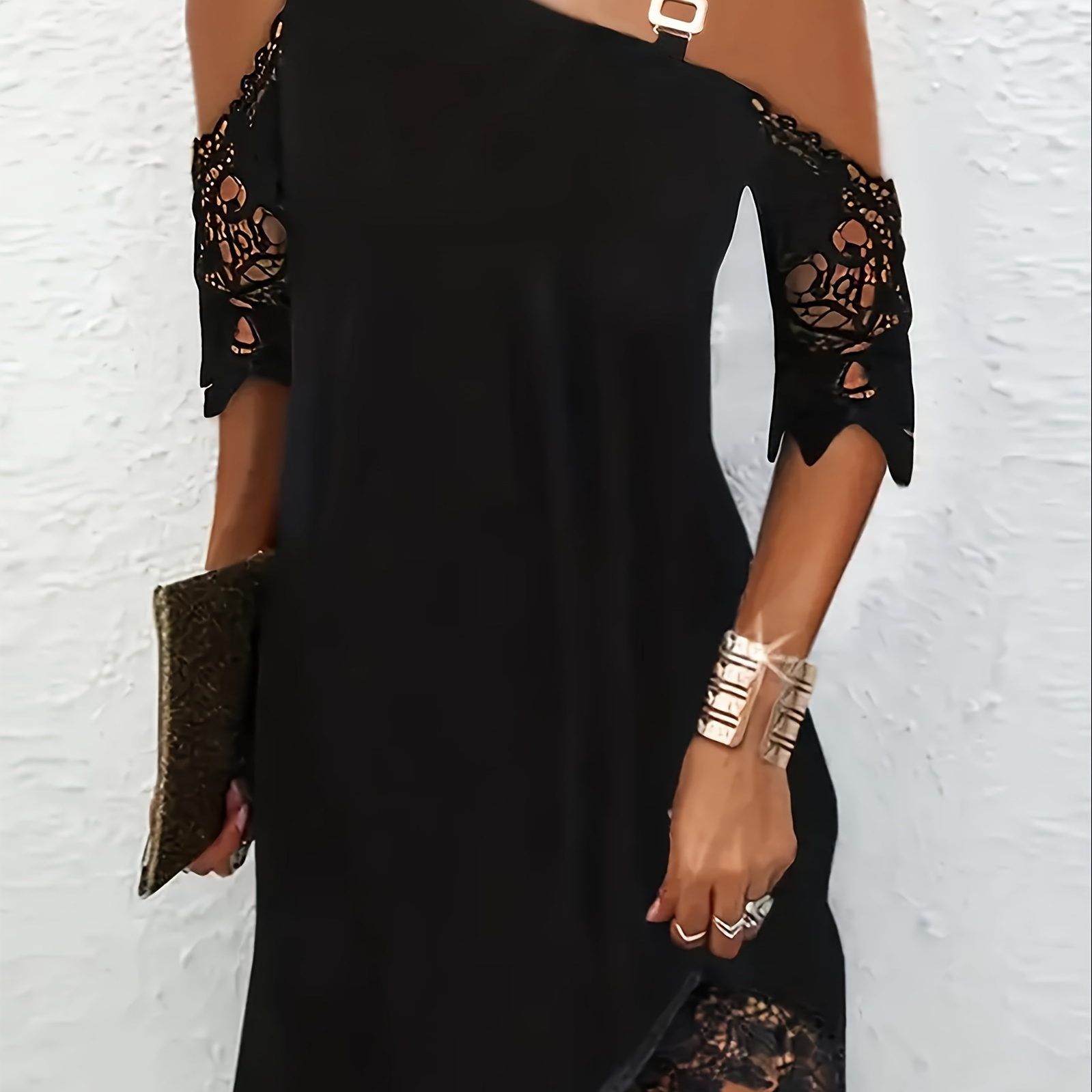 

Lace Stitching Cold Shoulder Dress, Elegant Asymmetrical Dress For Spring & Summer, Women's Clothing