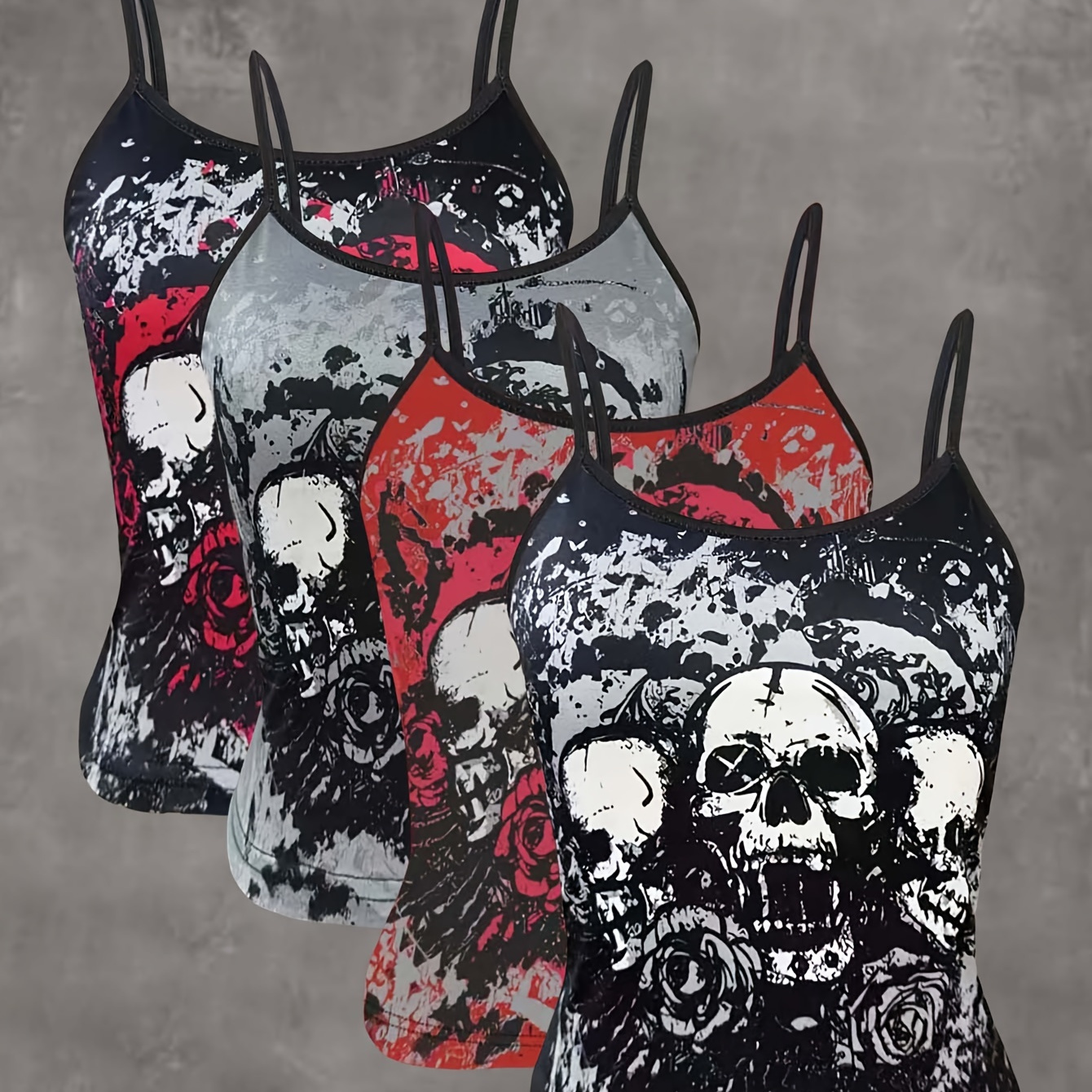 

4pcs Women's Fashionable Skull & Floral Print Cami Tops - Sexy, Slim-fit, Spaghetti Strap Vests In Black, Red, Gray, & White - Polyester , Summer