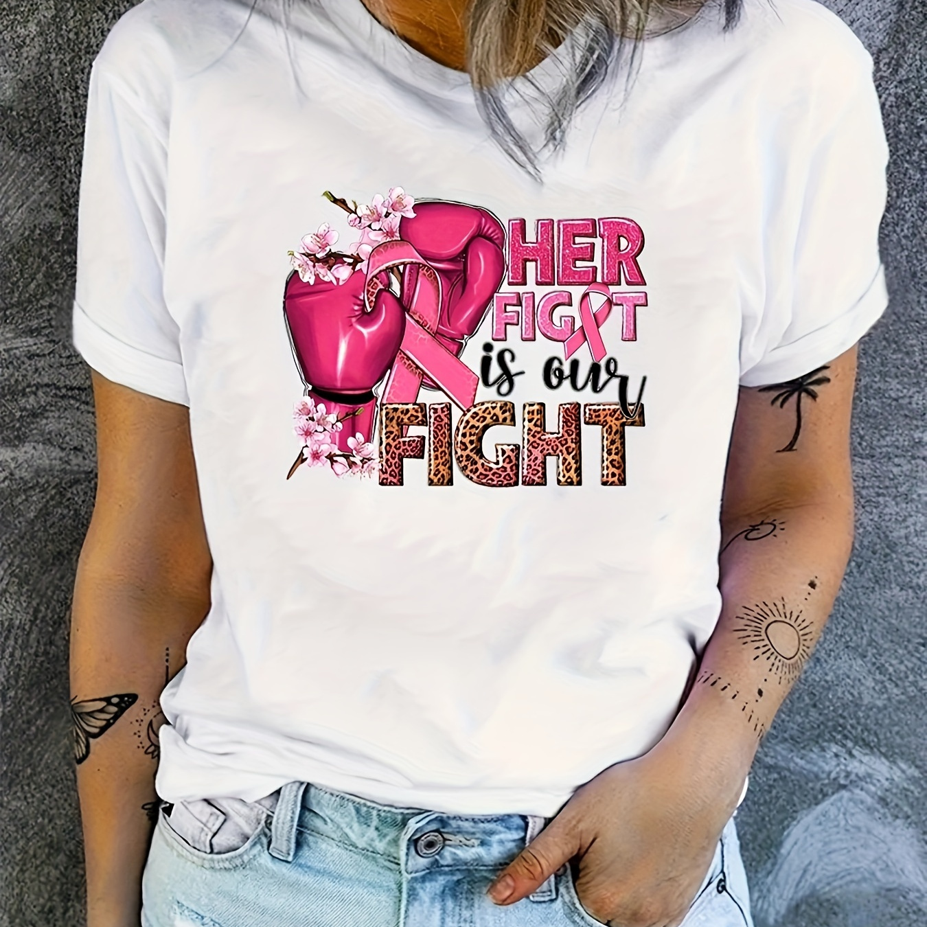 

Her Fight Print T-shirt, Short Sleeve Crew Neck Casual Top For Summer & Spring, Women's Clothing