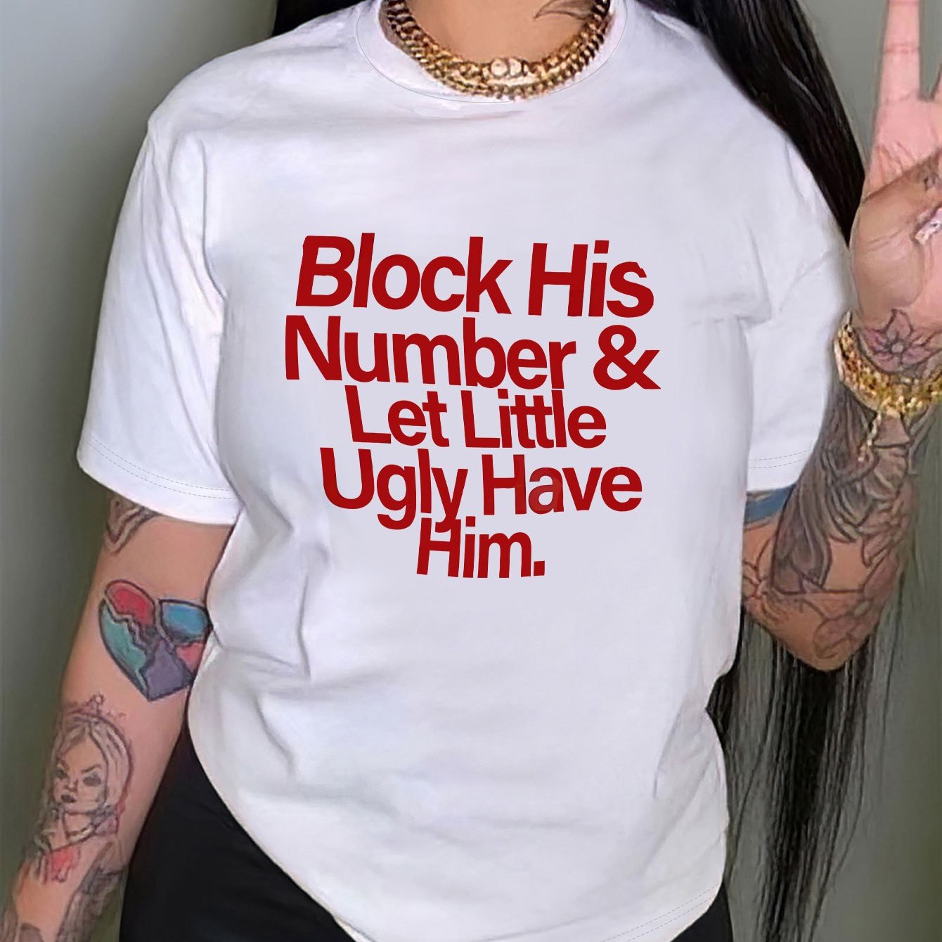 

Block His Number Print T-shirt, Short Sleeve Crew Neck Casual Top For Summer & Spring, Women's Clothing