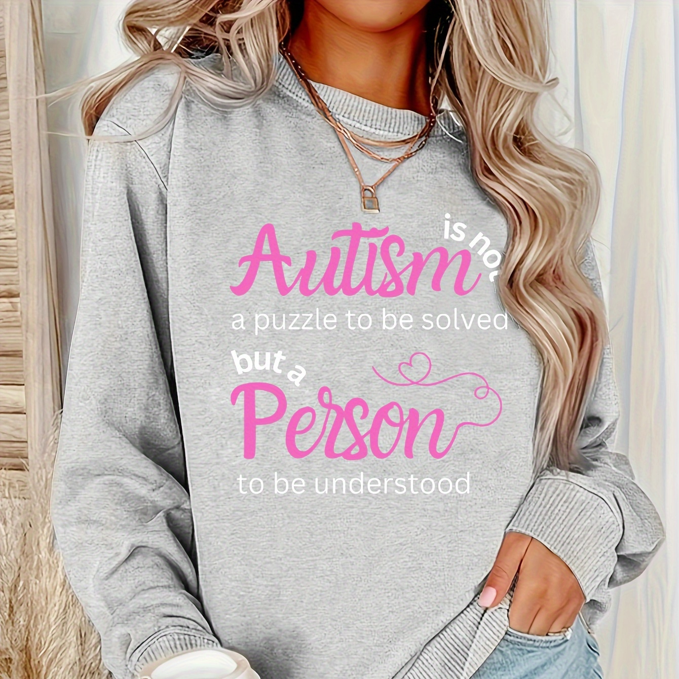 

Autism Awareness Letter Print Long Sleeve Crewneck Sweatshirt - Women', Polyester Material, , Fall/winter Season, Letter Design, Knit Fabric