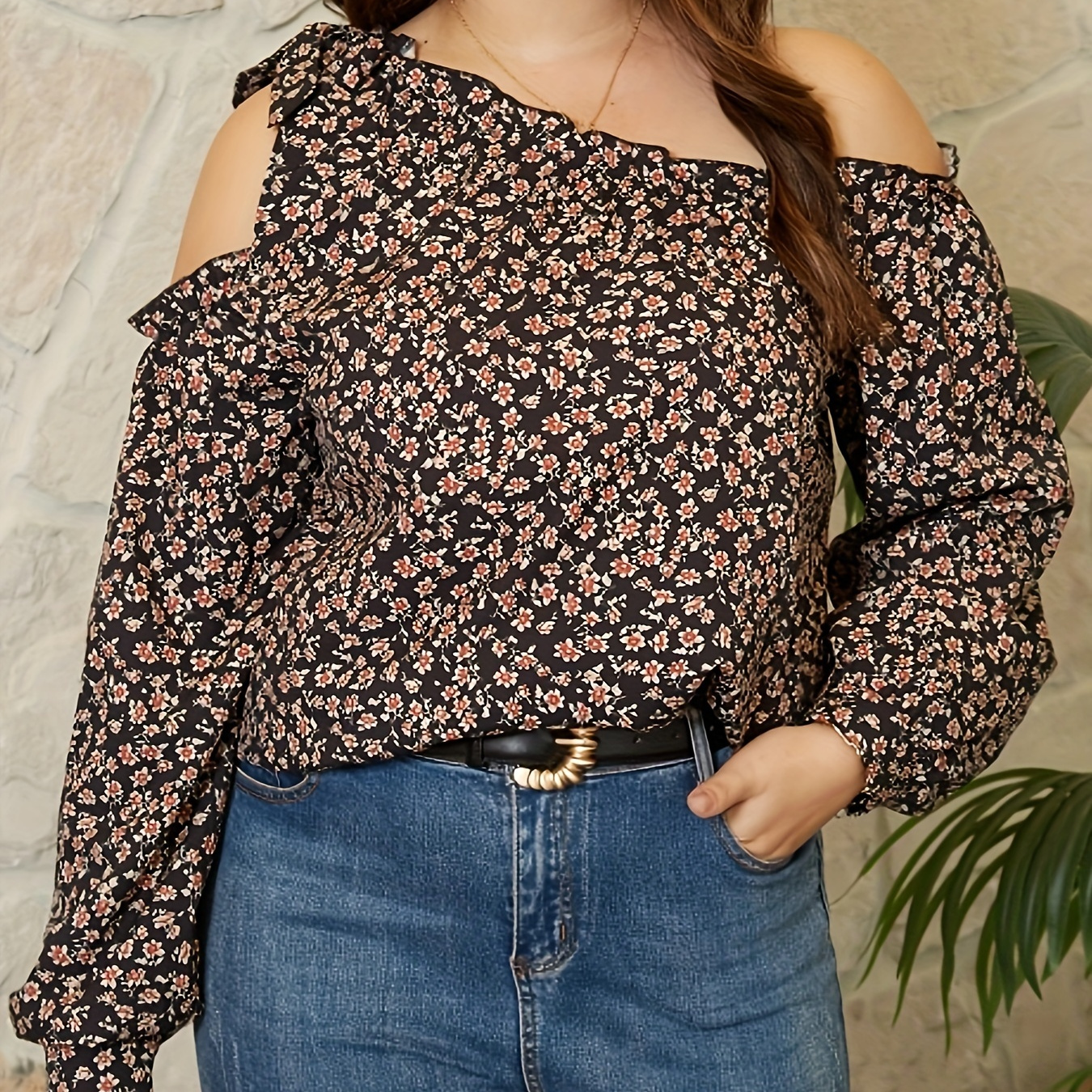 

Plus Size Casual Blouse, Women's Plus Ditsy Print Lettuce Trim Bow Knot 1 Shoulder Long Sleeve Blouse