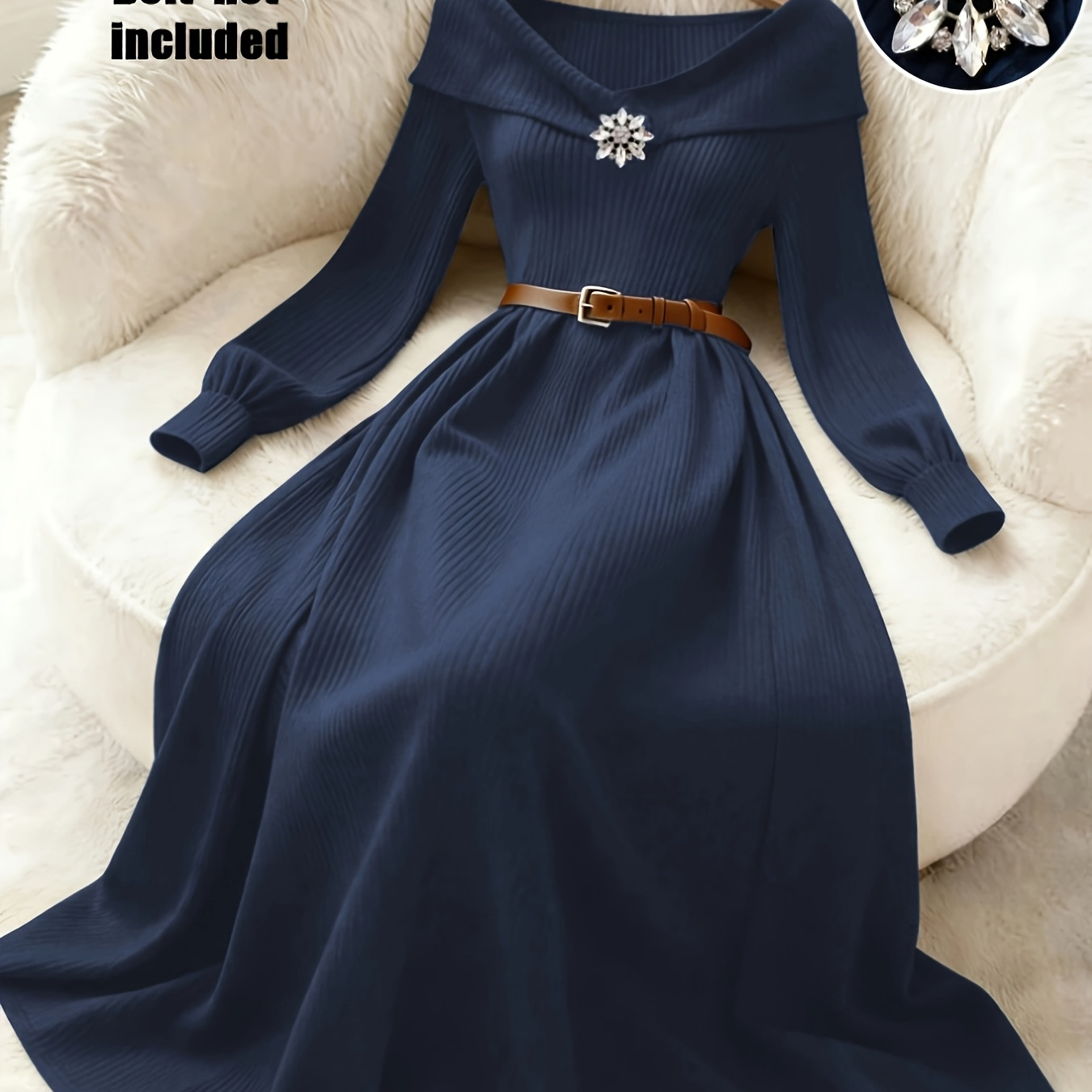 Navy Blue Knit Midi Dress with Belt & Brooch