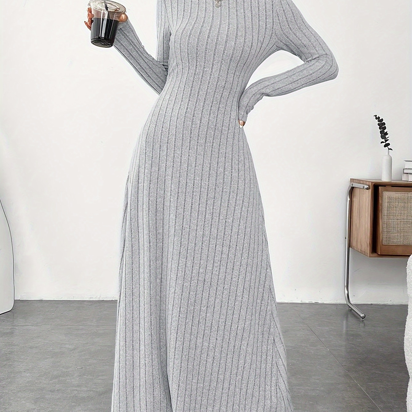 

Plain Color Mock Neck Ribbed Dress, Casual Long Sleeve Slim A-line Maxi Dress For Spring & Fall, Women's Clothing