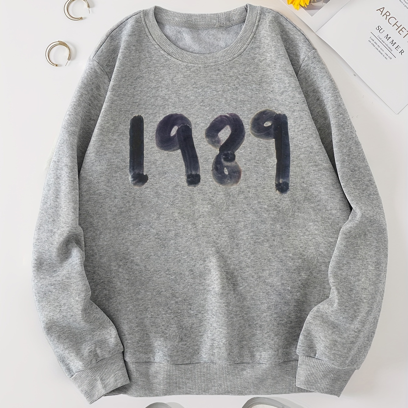 Number 1989 Print Pullover Sweatshirt, Round Neck Long Sleeves Fleece Liner Sweatshirt, Women's Activewear