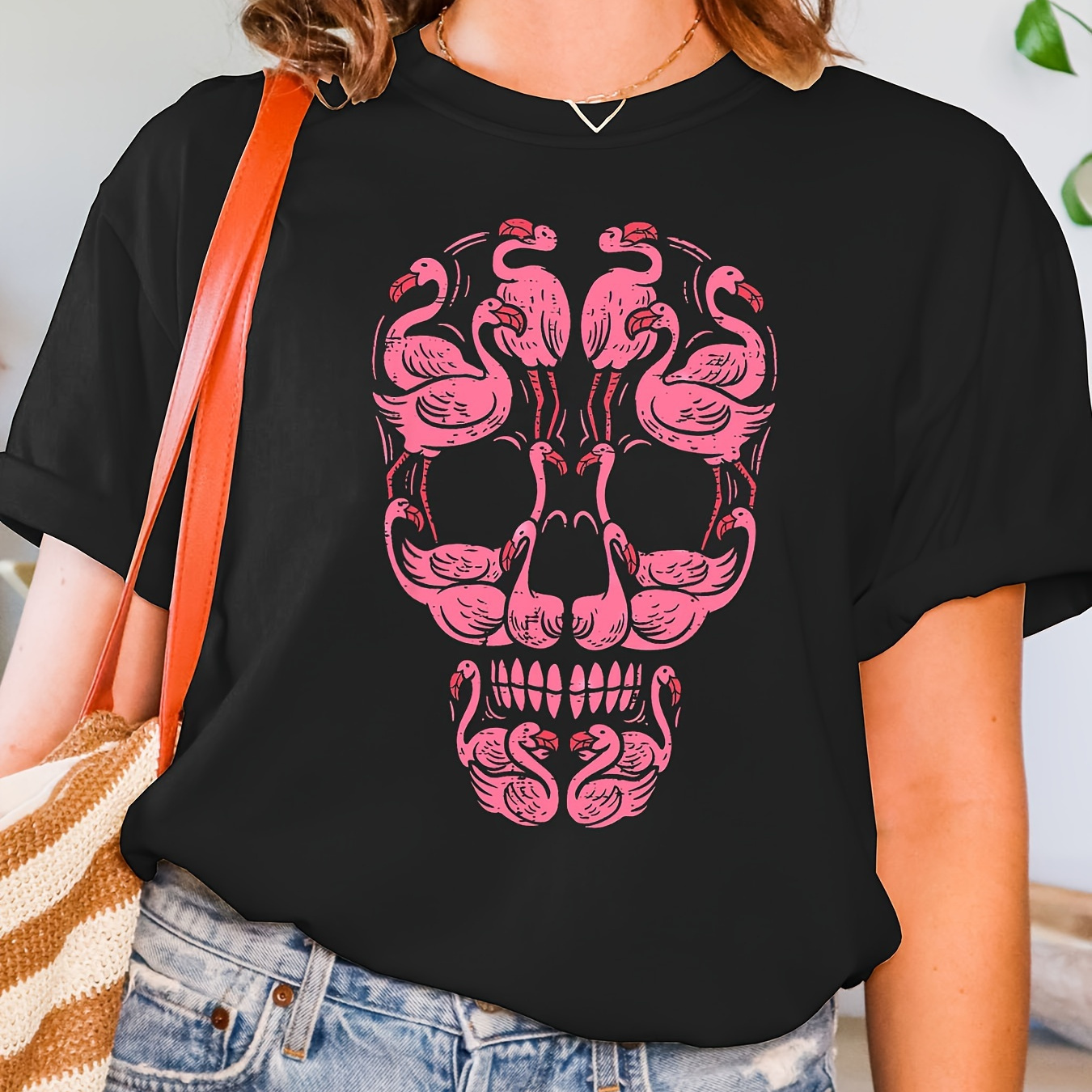 

Flamingo Skull Print T-shirt, Short Sleeve Crew Neck Casual Top For Summer & Spring, Women's Clothing