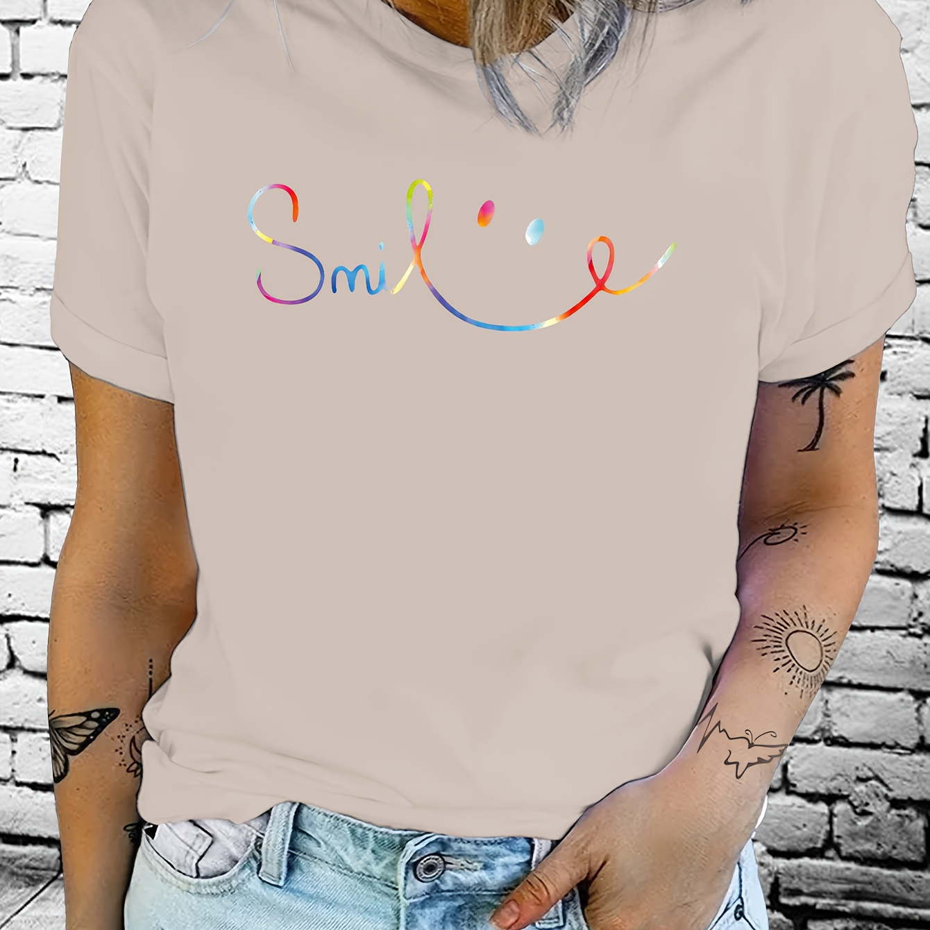 

Women's Casual Crew Neck T-shirt With Smile , Short Sleeve, Regular Fit, Medium Stretch Polyester & Spandex , Summer & Spring Top, Pullovers