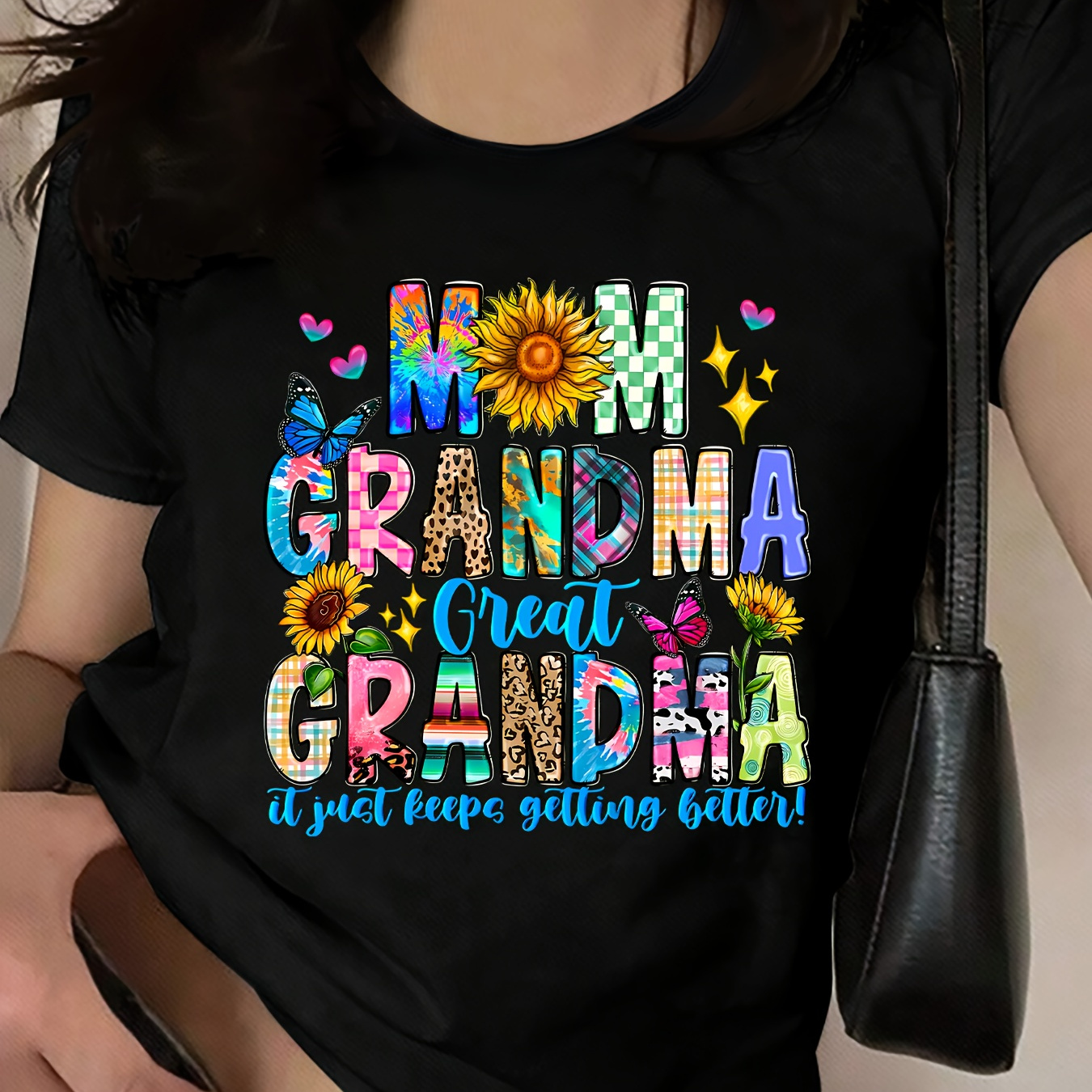 

Women's Polyester Crew Neck T-shirt With Colorful 'mom Grandma Great Grandma' Sunflower & Butterfly Print For Summer, Casual Knit Fabric Top With Medium Stretch - Alphabet Pattern