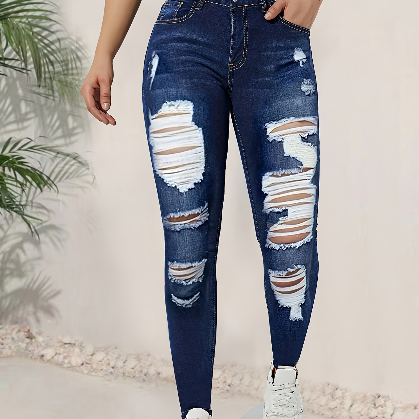 

Women's Ripped Skinny Jeans, High-waisted Stretch Denim Pants, Fashionable , Slim Fit For Ladies