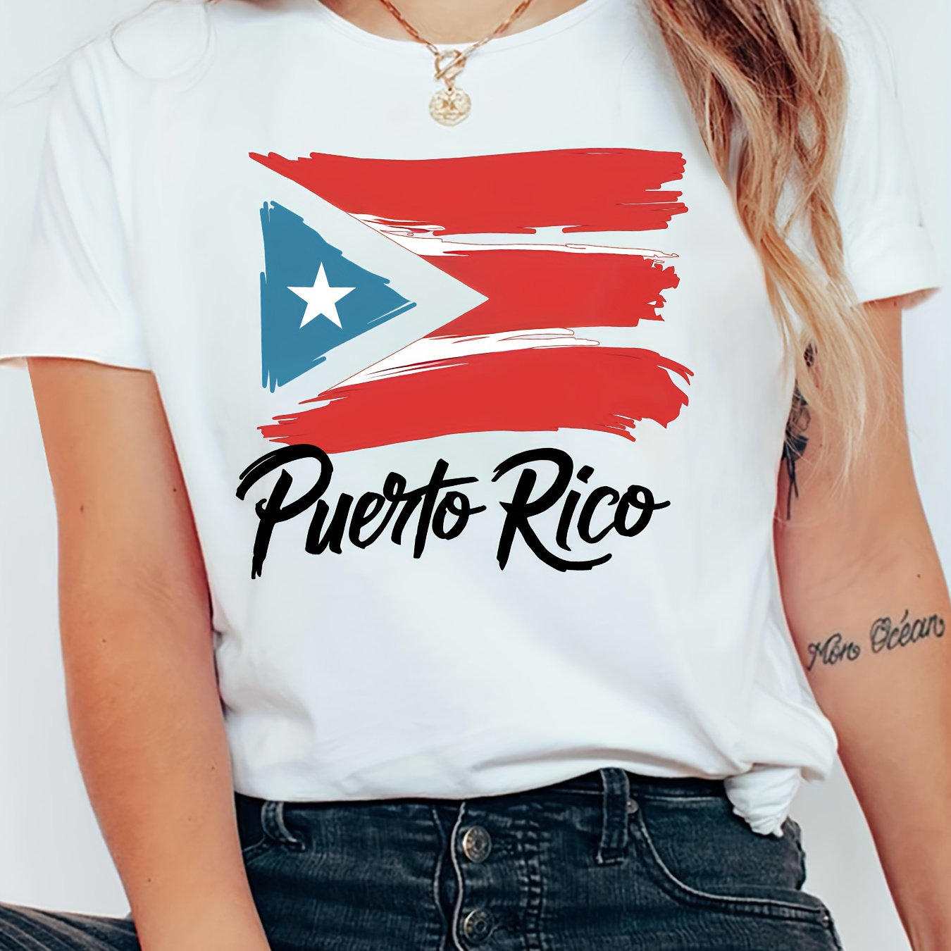 

Puerto Flag T-shirt, 100% Polyester Crew Neck Tee, Medium Stretch Knit Fabric, For Adults