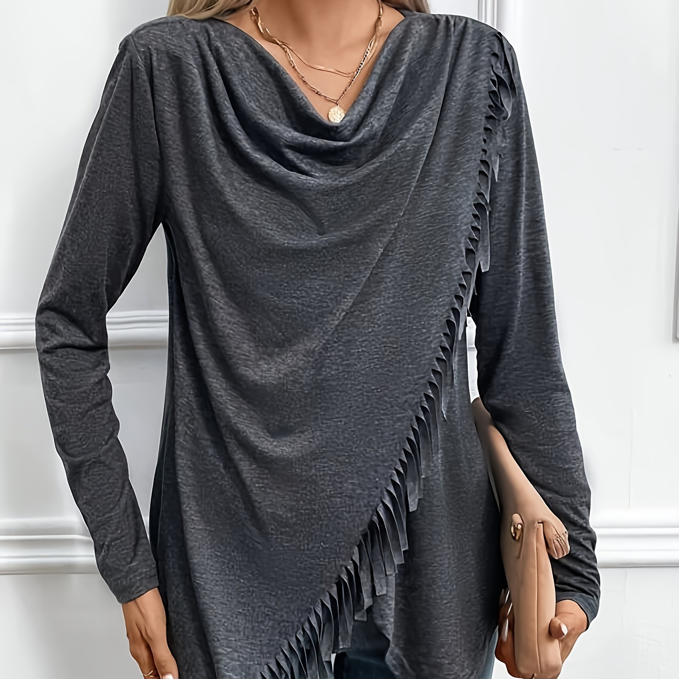 

Fringe Trim Cowl Neck T-shirt, Casual Long Sleeve Top For Spring & Fall, Women's Clothing