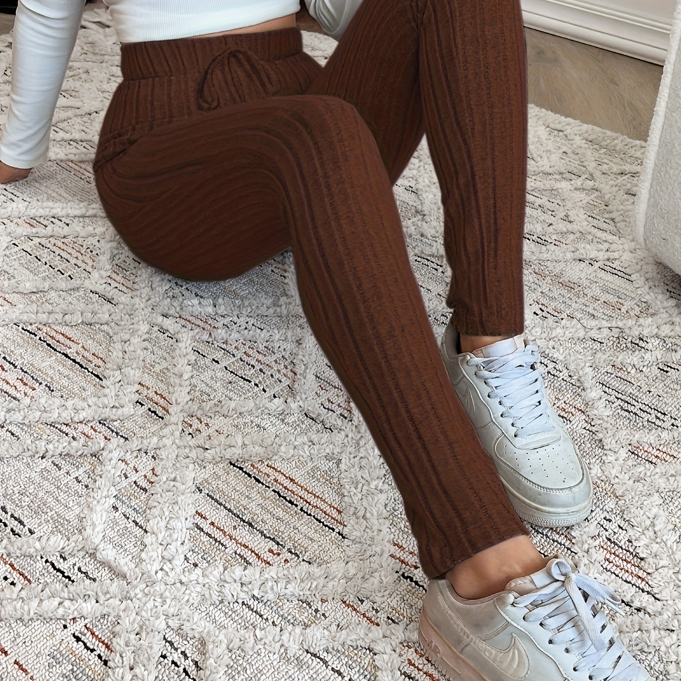 

Women's High-waist Ribbed Knit Pencil Pants - Elegant Brown, Stretchy & Comfortable, Elastic Waistband With Decorative Drawstring, Casual Fall/winter Wear, High Waist Pants