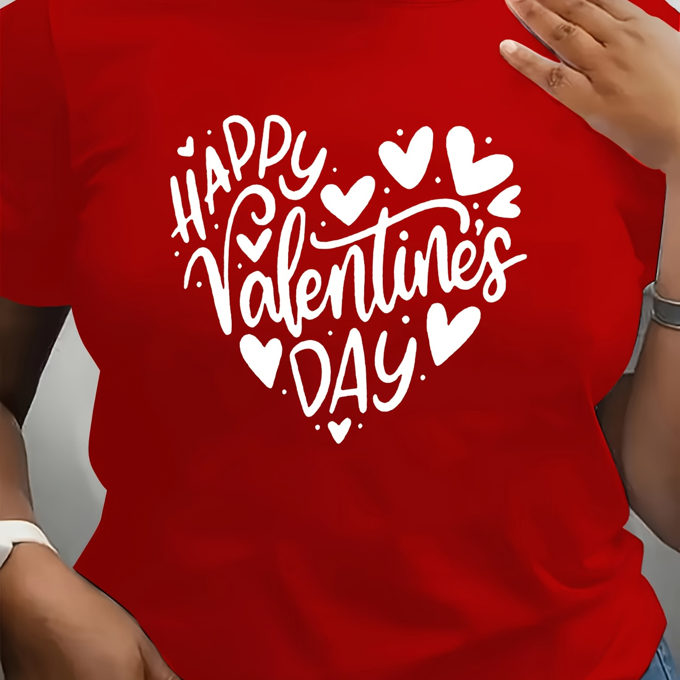 

Valentine's Size Women's T-shirt - Casual Crew Neck With Heart & Letter Print, Soft Polyester , Machine Washable