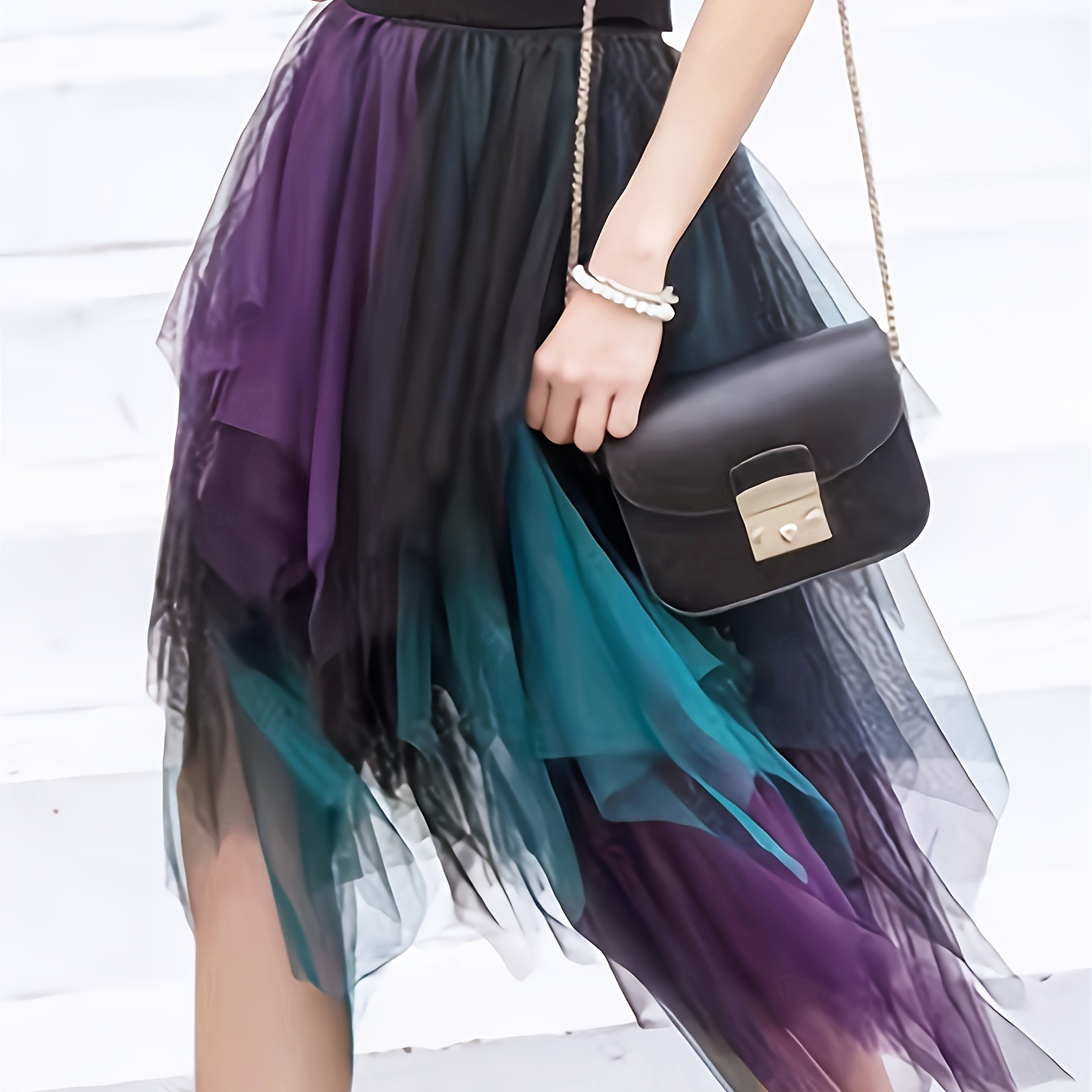 

Color Block Mesh Irregular Hem Skirt, Casual Elastic Waist Aline Layered Skirt, Women's Clothing