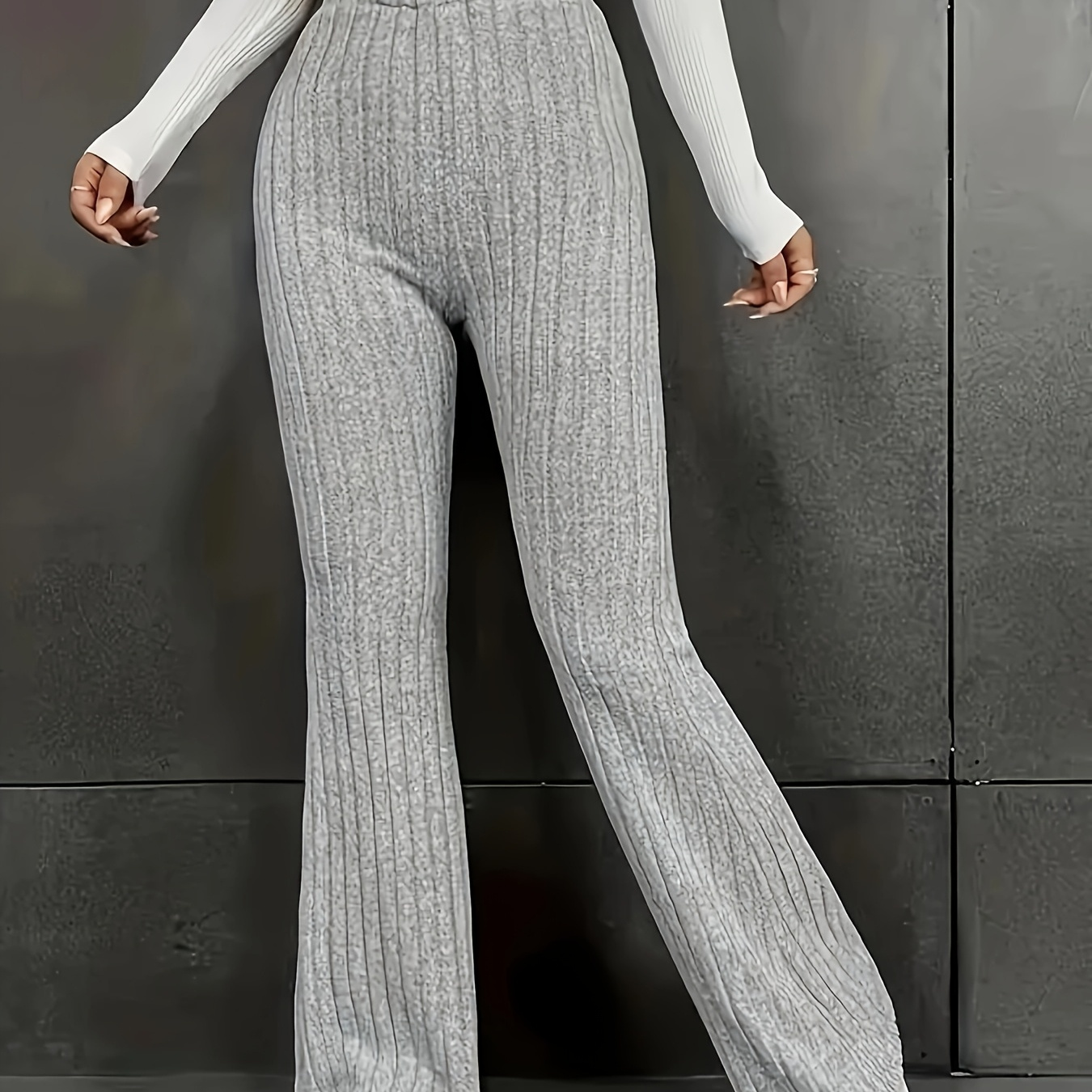 

-size Ribbed Flare Pants For Women - Cozy High-waisted Bell Bottoms, Stretchy Polyester , Machine Washable, Fall/winter, Plus Size Pants