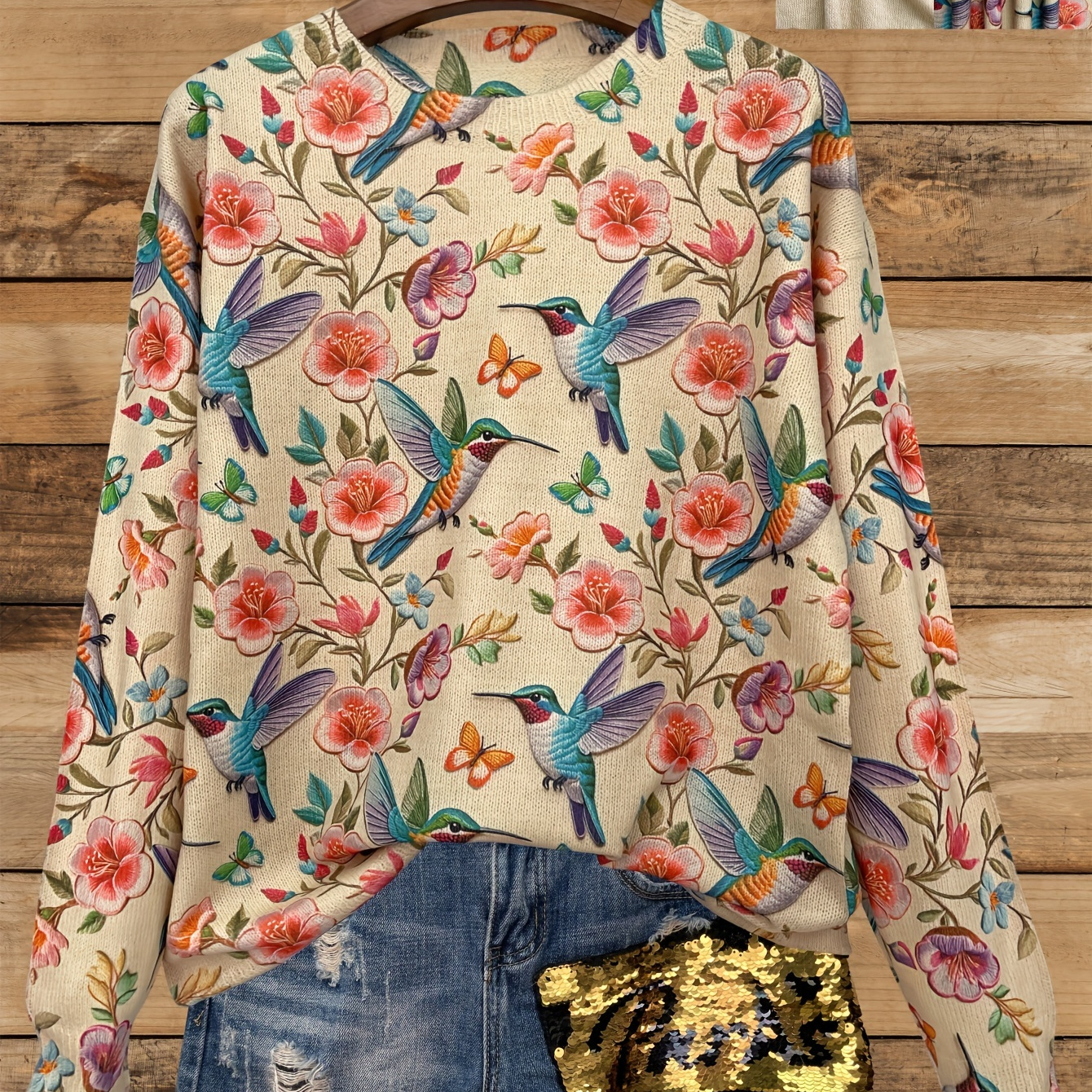 

Women's Casual Crew Neck Long Sleeve Sweater, Polyester 60% Spandex 40% , Hummingbird & Floral Print, Knit Fabric, Stretch, Regular Fit, All