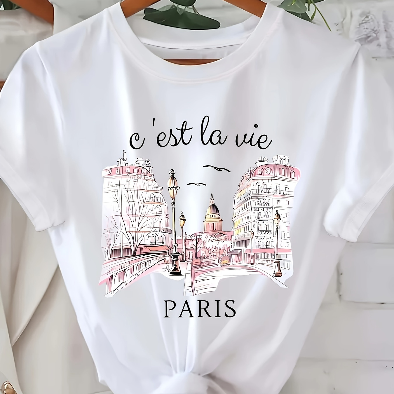 

Romantic Landscapes Paris Print Crew Neck T-shirt, Casual Short Sleeve T-shirt For Spring & Summer, Women's Clothing