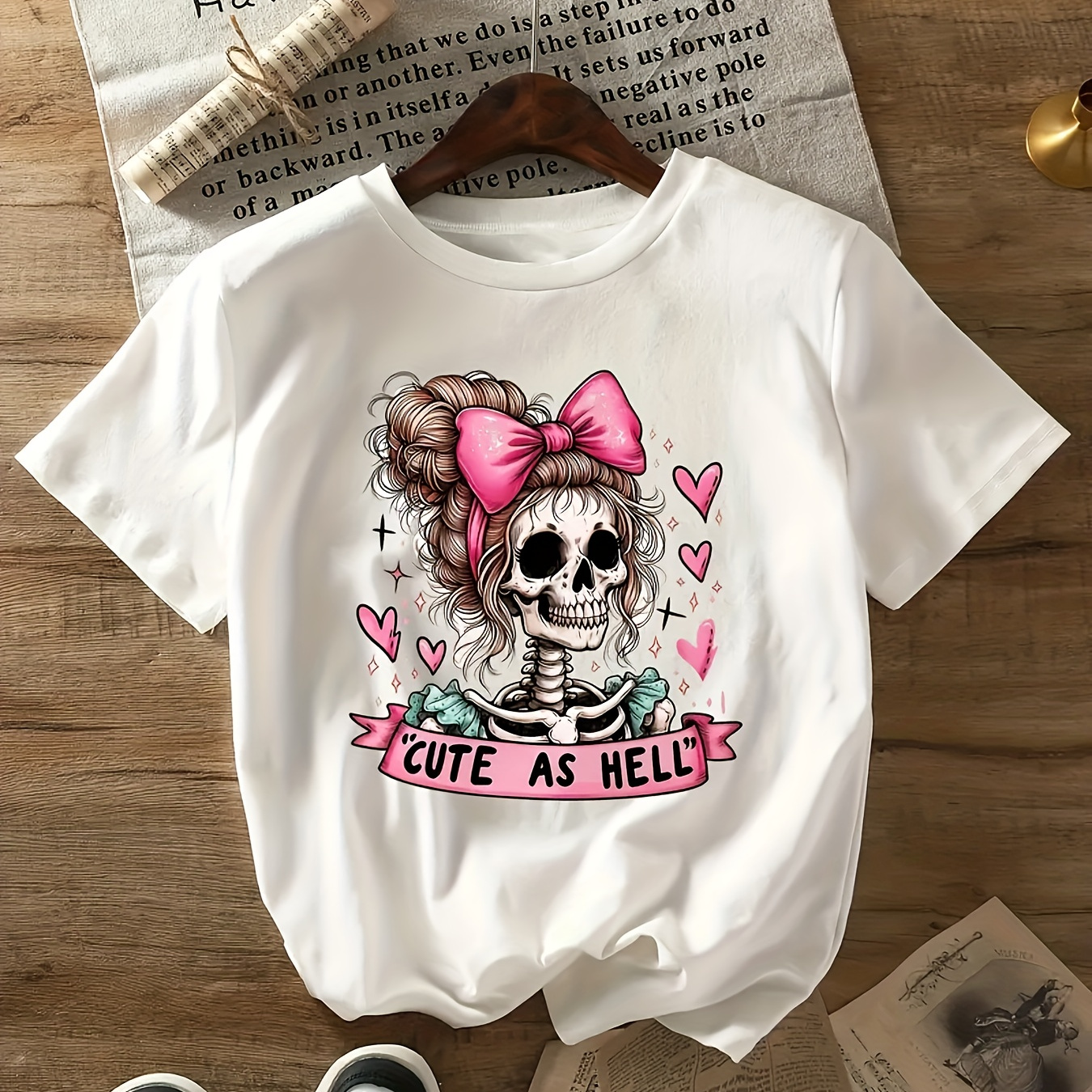 

Graphic Crew Neck T-shirt - Casual Polyester-spandex Knit Fabric, Skeleton Print, Regular Length, Comfort