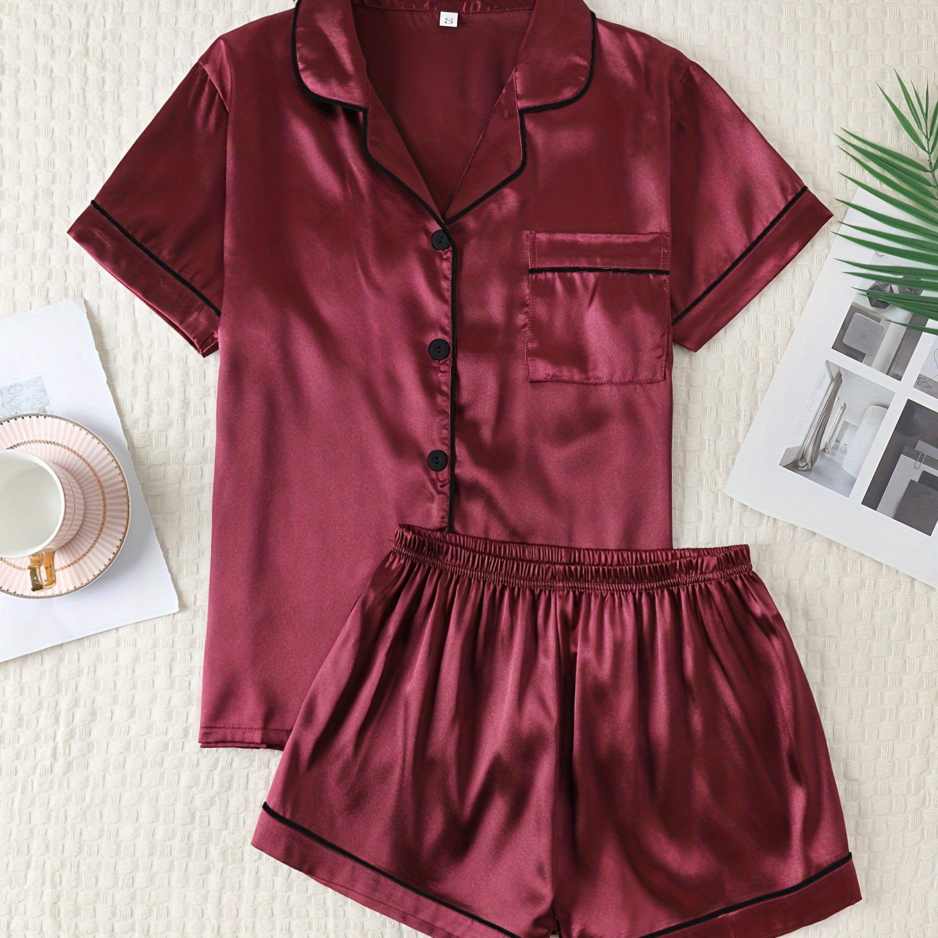 

Women's Casual Solid Satin Pajama Set, Short Sleeve Buttons Lapel Top & Shorts, Comfortable Relaxed Fit, Summer Nightwear