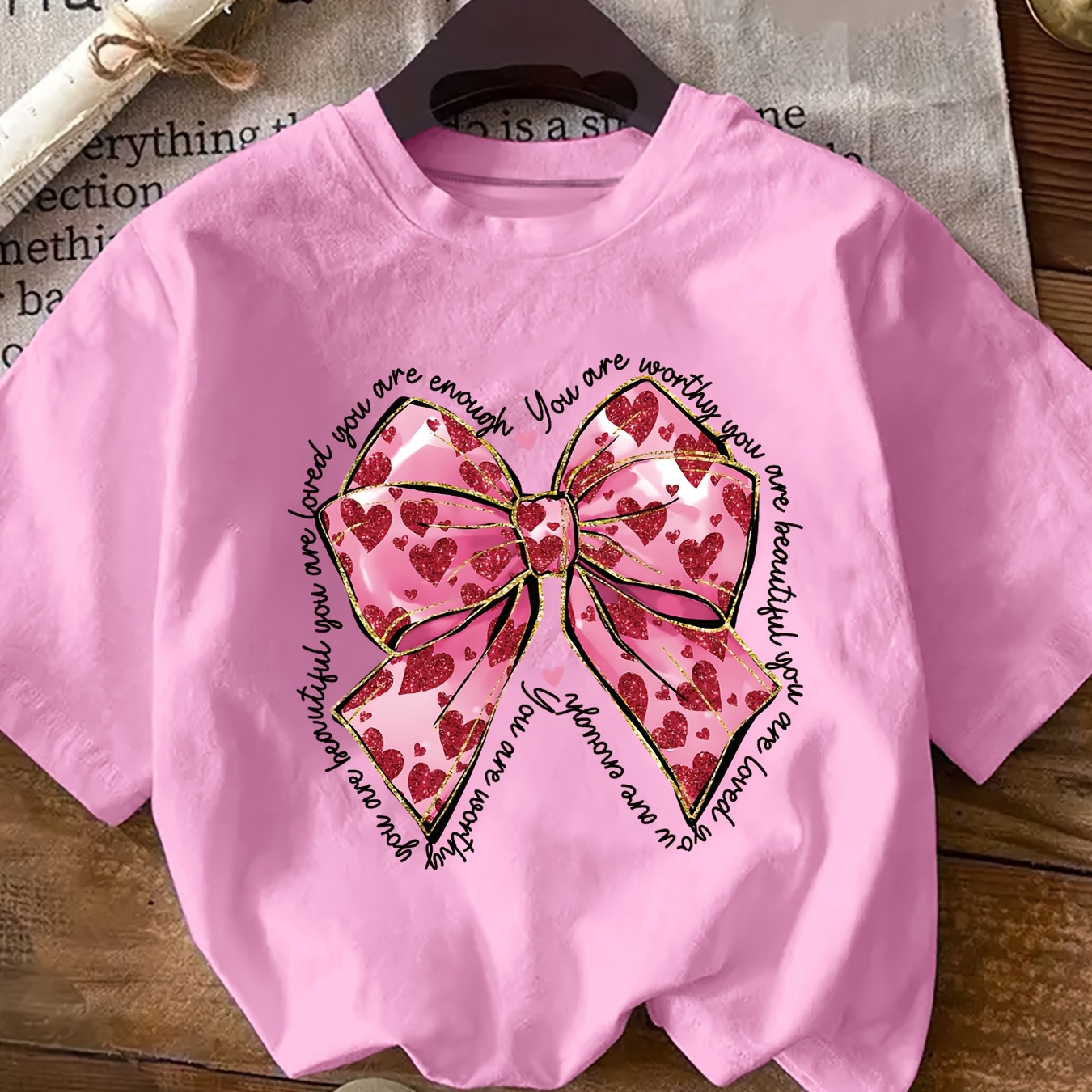 

Women's Pink Casual T-shirt With Heart & Graphic, Inspirational Quote, Soft Polyester, Machine Washable - All , Casual Wear|inspirational Top| Fabric, Ladies T Shirts