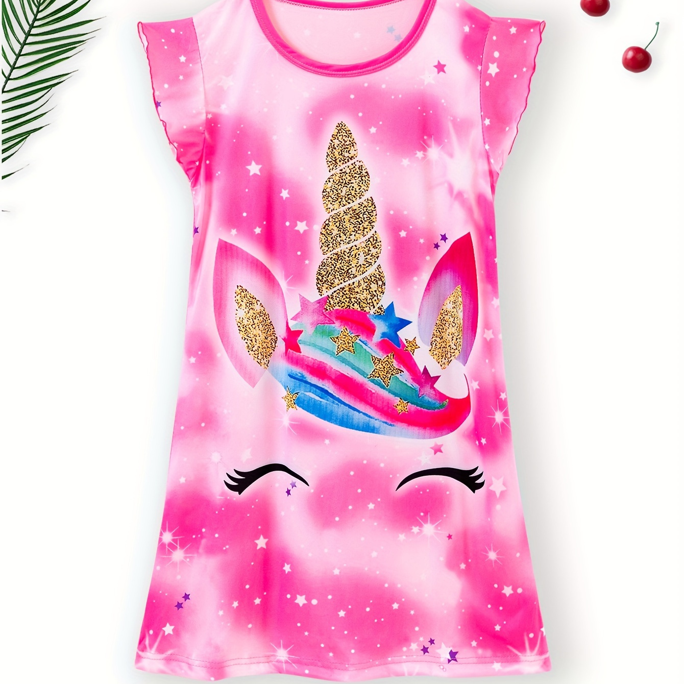 

Girls Nightdress Cartoon Unicorn Tie-dye Printed Pj Sleeveless Round Neck Dress Comfortable Cute Pajamas Loungewear Kids Clothes