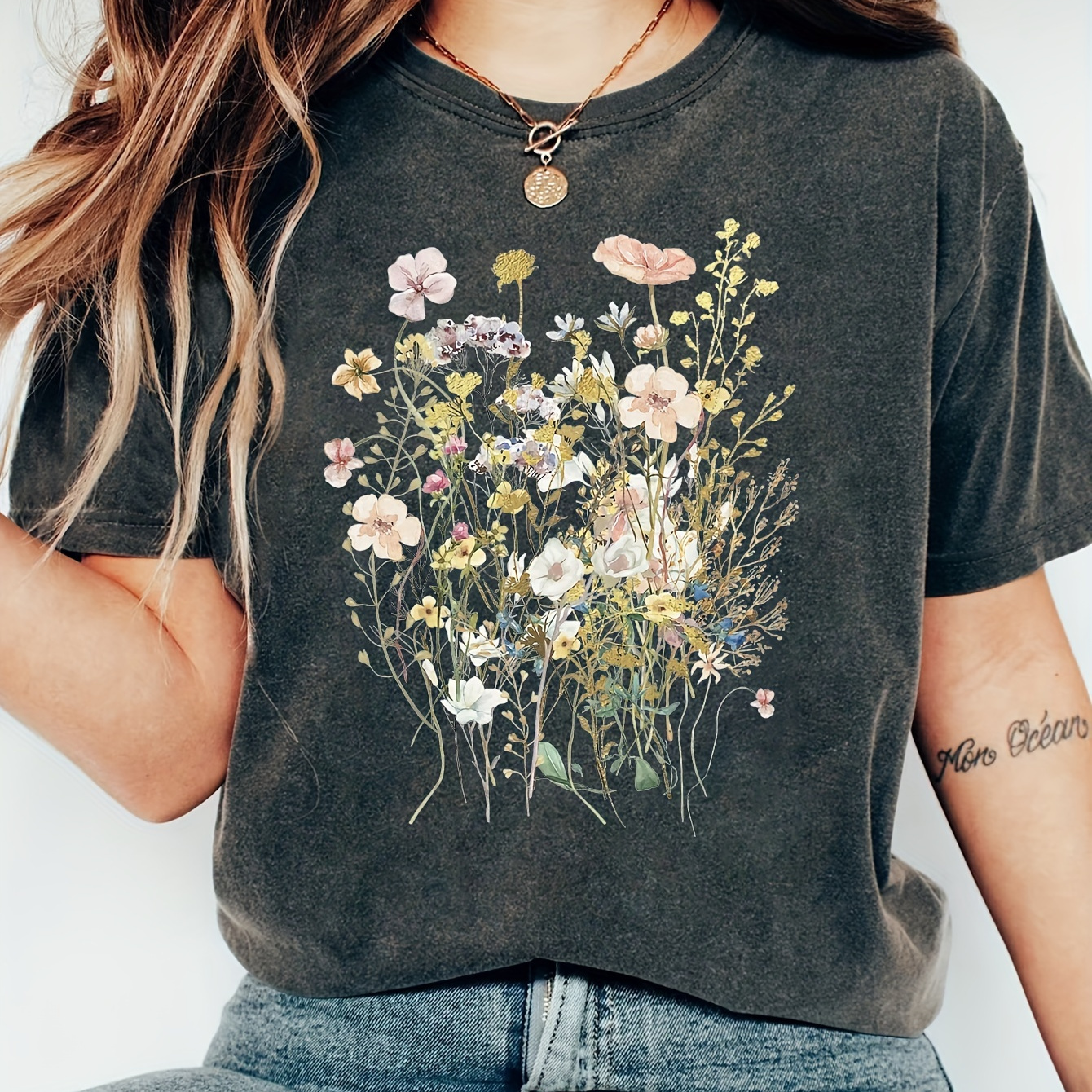 

Floral Print Crew Neck T-shirt, Casual Short Sleeve T-shirt For Spring & Summer, Women's Clothing