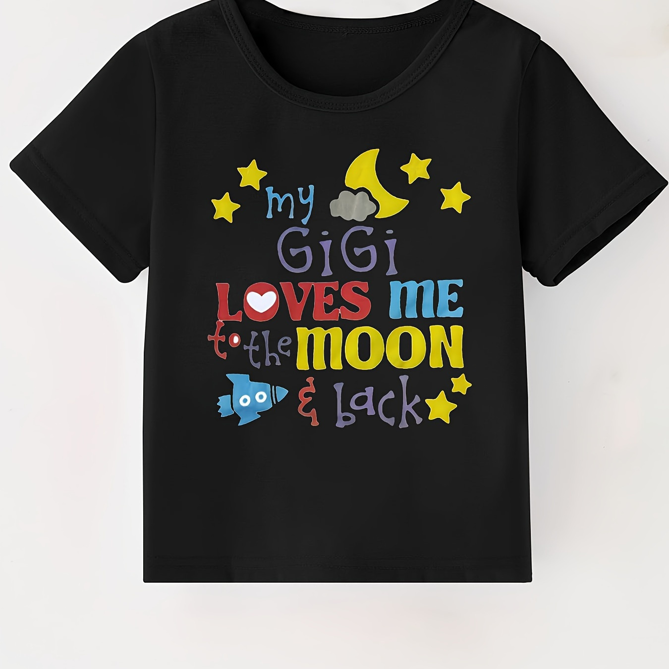 

My Gi Gi Loves Me To The Moon Back Letter Print Boys Creative T-shirt, Casual Lightweight Comfy Short Sleeve Tee Tops, Kids Clothings For Summer