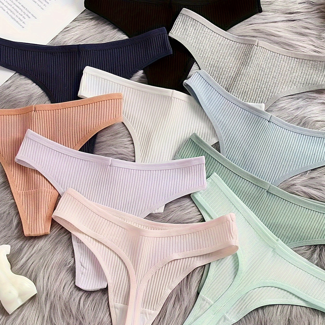 

10pcs Solid Ribbed Thongs, Soft & Comfy Stretchy Intimates Panties, Women's Lingerie & Underwear