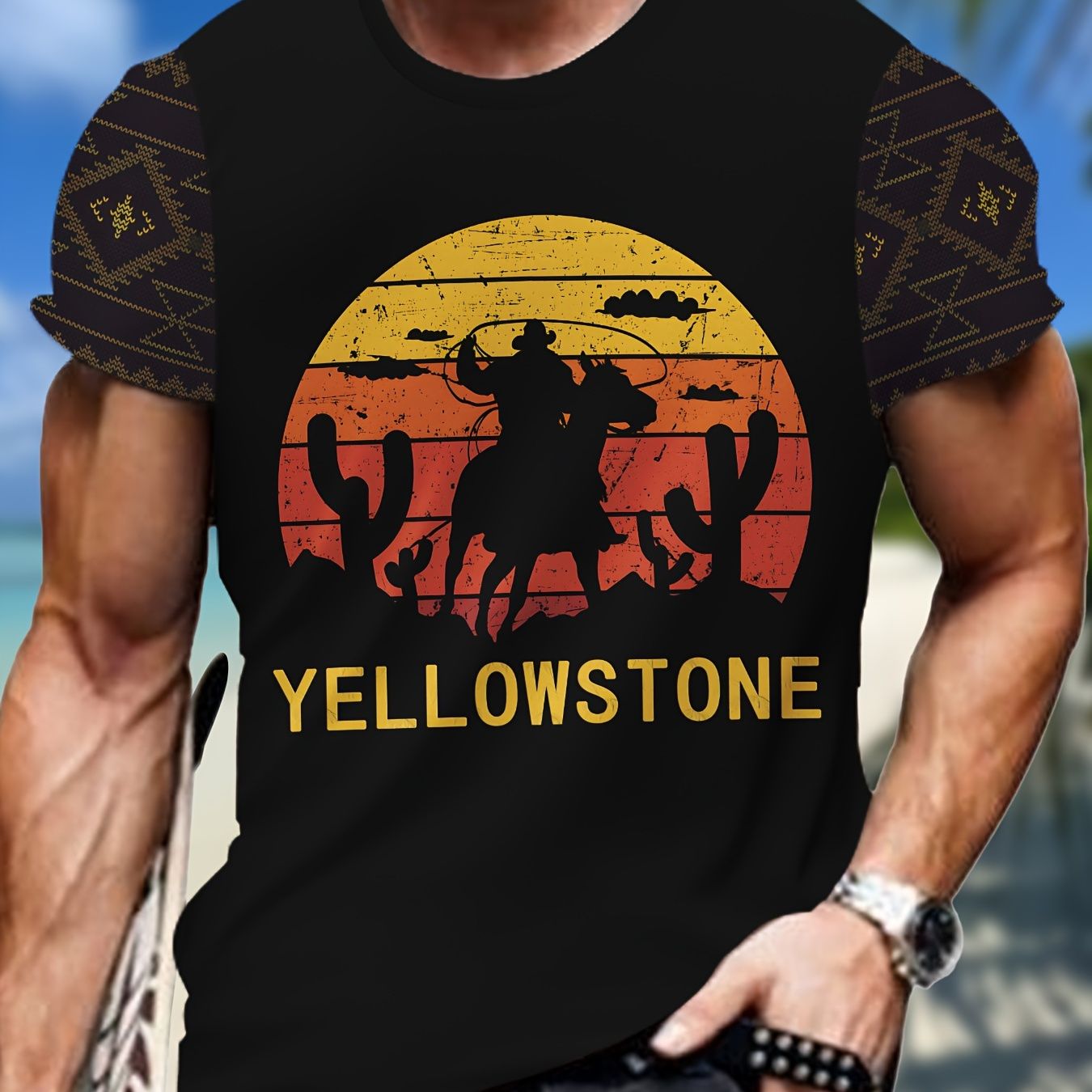 

Men's Yellowstone Graphic Print T-shirt, Short Sleeve Crew Neck Tee, Men's Clothing For Summer Outdoor