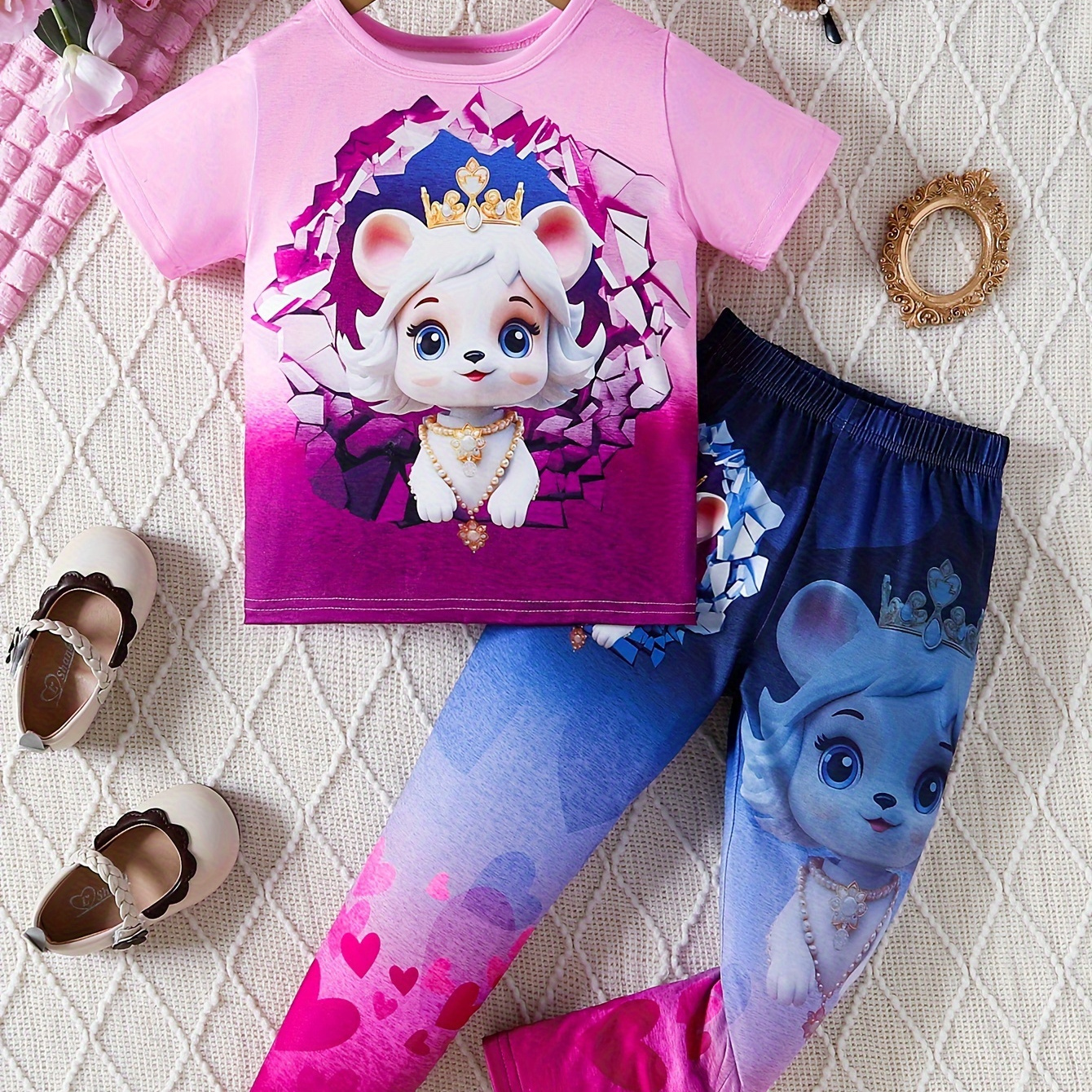 

2pcs Girls Elegant Princess Cat Print Outfits Short Sleeve T-shirt + Pants Set For Spring Summer Party