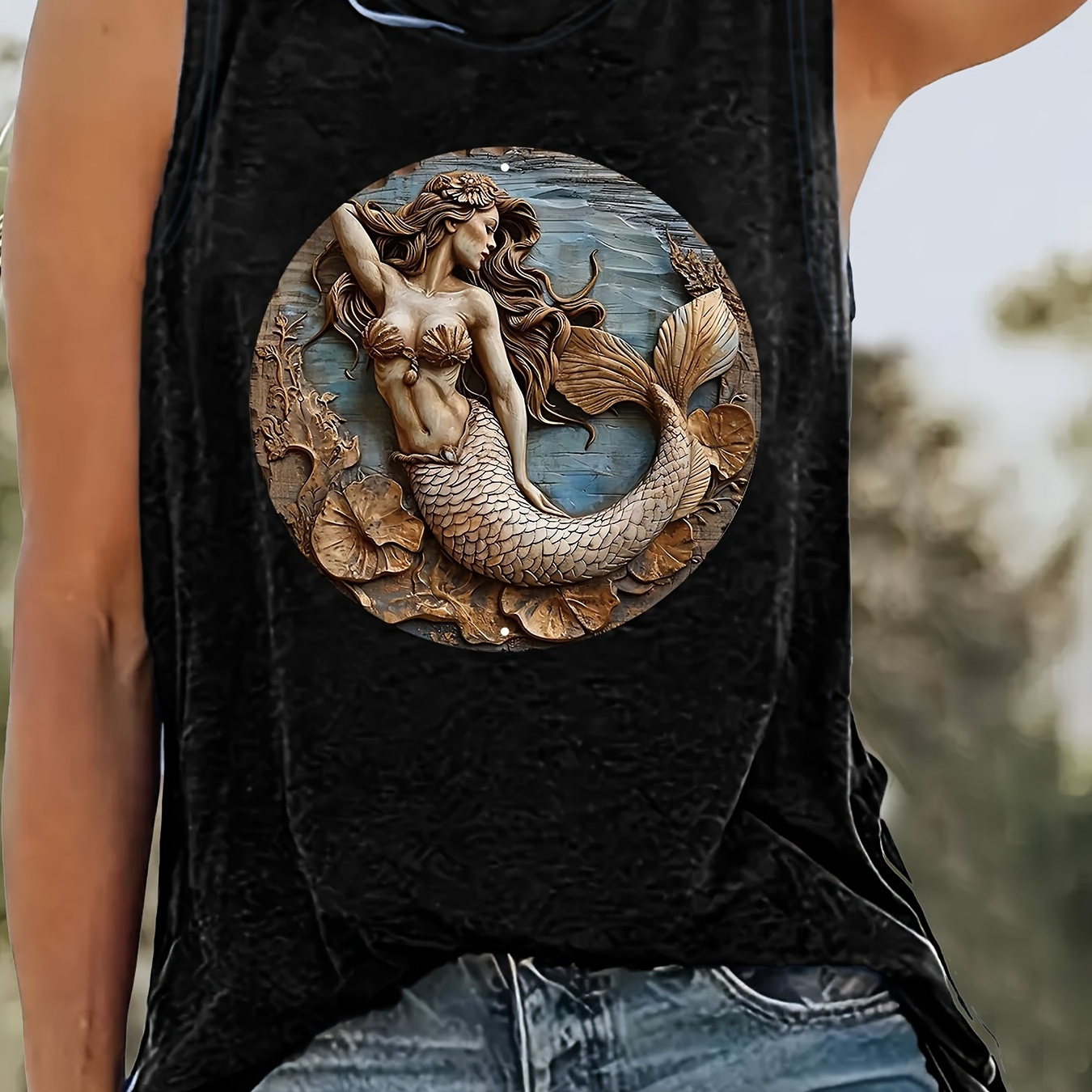 

Mermaid Three-dimensional Print Tank Top, Sleeveless Crew Neck Casual Top For Summer & Spring, Women's Clothing
