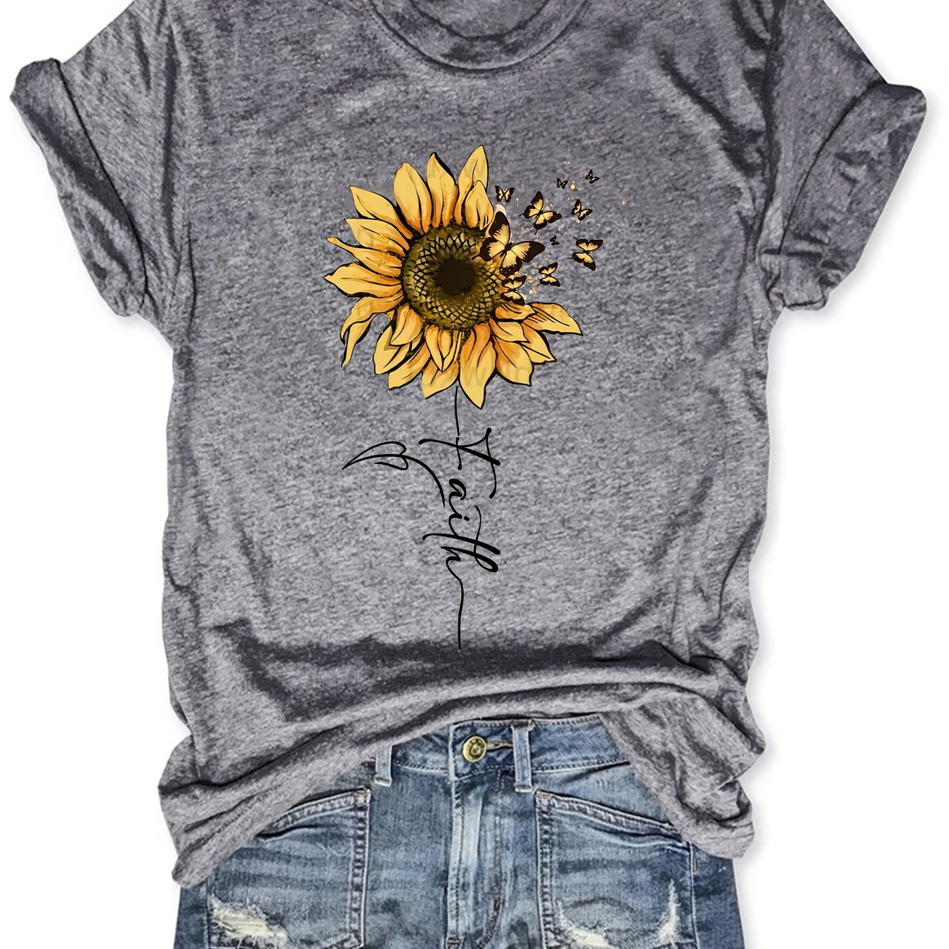 

Sunflower & Butterfly Print T-shirt, Casual Short Sleeve Top For Spring & Summer, Women's Clothing