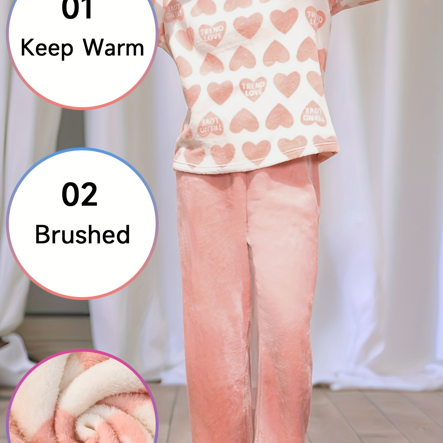 

Goso Women's 2-piece Pajama Set, Long Sleeve, Heart Print, Pink, Plush Warm, Elegant Round Neck, , Knit Fabric, Adult Size, Home