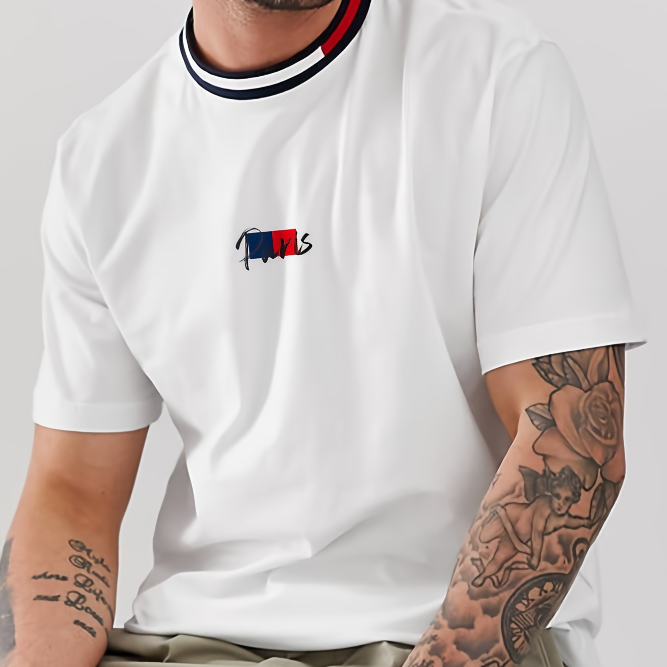 

Men's Color Block Pattern And Letter Print "paris" Crew Neck And Short Sleeve T-shirt, Casual And Chic Tops For Summer Outdoors Wear