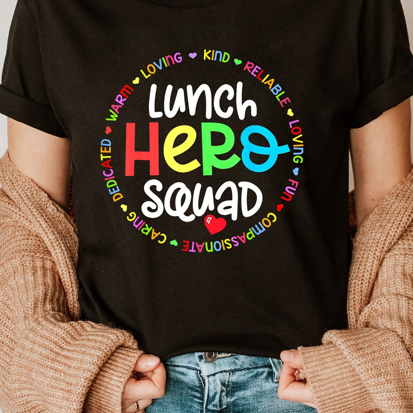 

Lunch Hero Print Crew Neck T-shirt, Short Sleeve Casual Top For Summer & Spring, Women's Clothing