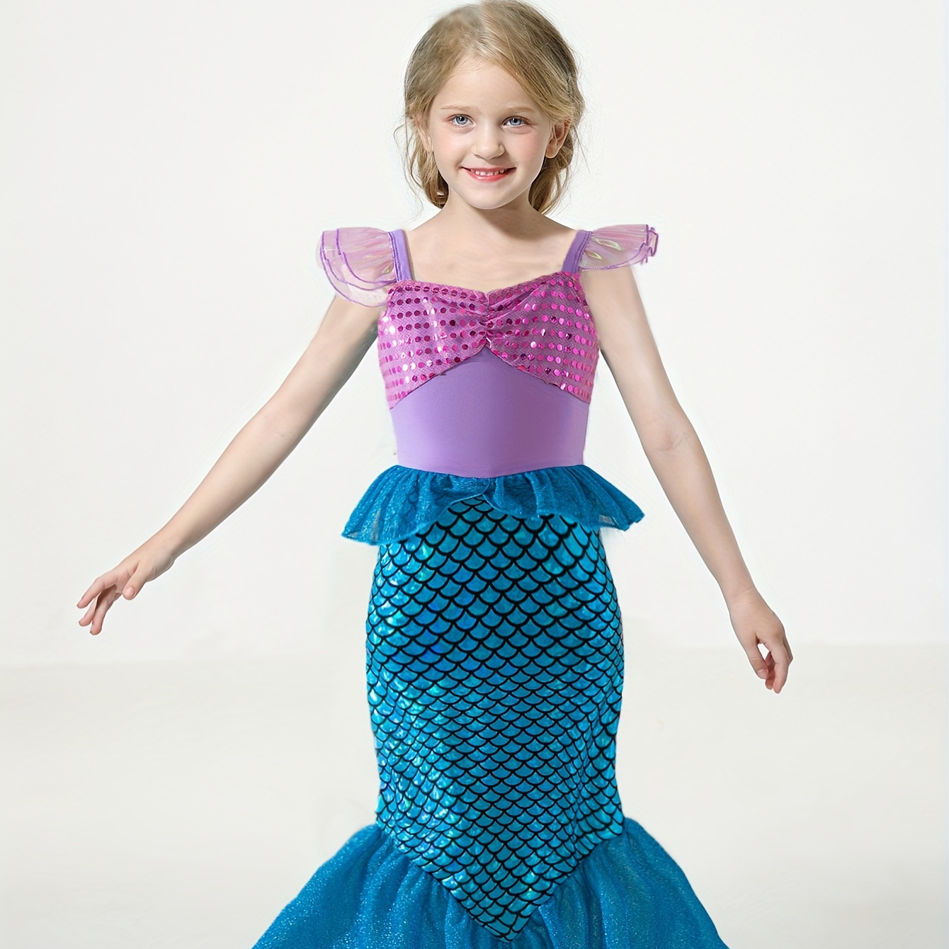 

Girls Cartoon Mermaid Princess Dress Up Clothing, Flutter Sleeve Sequin Decor Peplum Mermaid Tail Dress For Pool Party