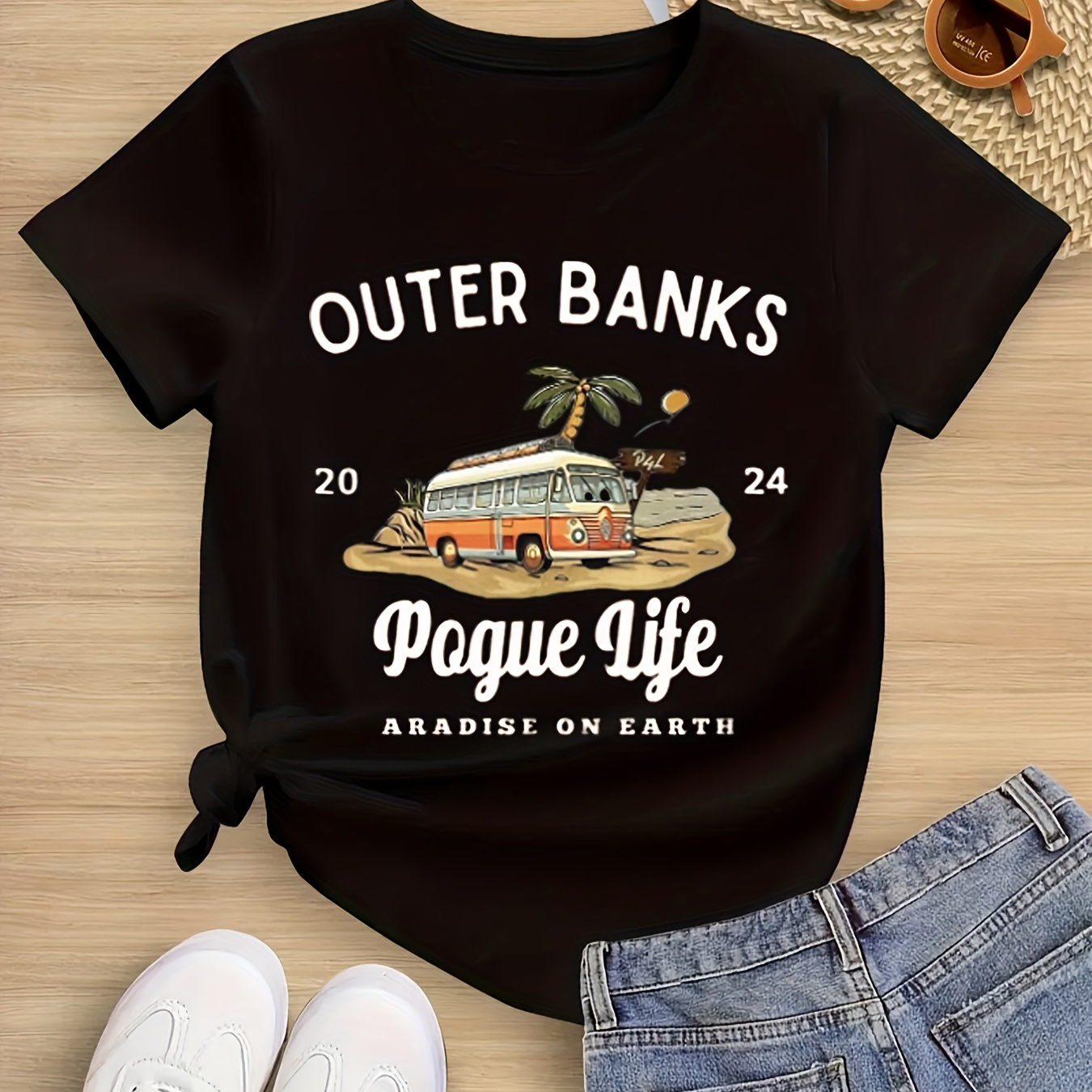 Soft & Stylish 100% Cotton Round Neck T-Shirt for Youngsters Ages 6-14 - Vintage Surf & Palm Tree Graphic, Black Casual Tee with "Outer Banks Life" Design, Perfect for Casual Attire, Beach T Shirt