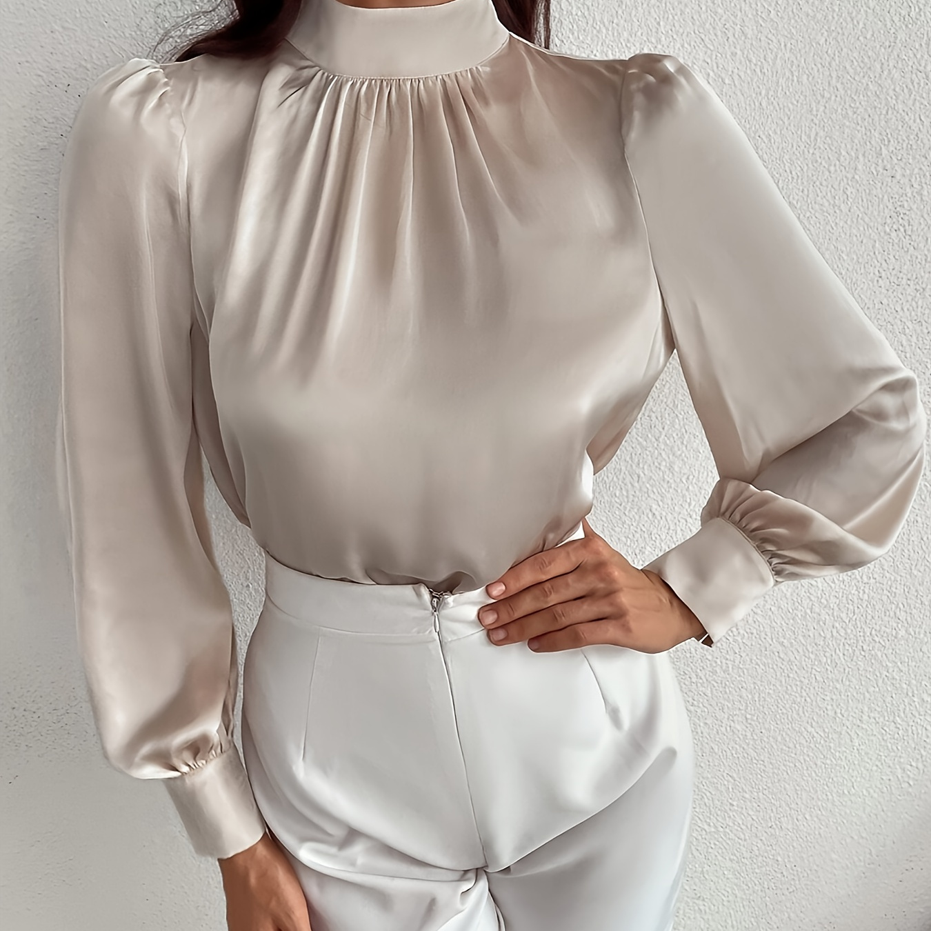 

Women's Satin High-neck Puff Sleeve Blouse