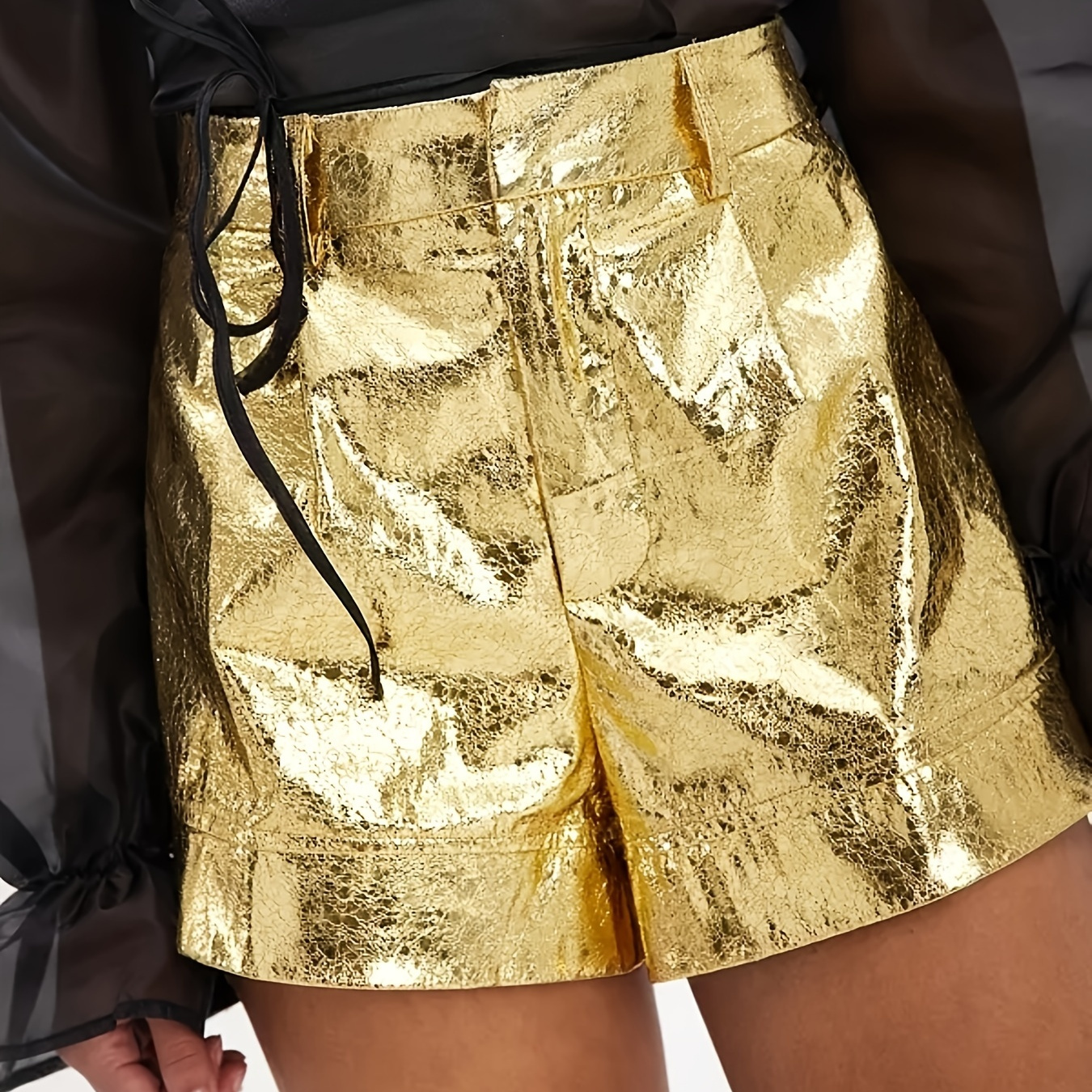 

Women's High-waisted Metallic Golden Pu Leather Shorts - Stylish Zippered Casual Wear For Spring/summer/fall, , Machine Washable, Shorts | Golden Shorts | Metallic , High Waisted Shorts